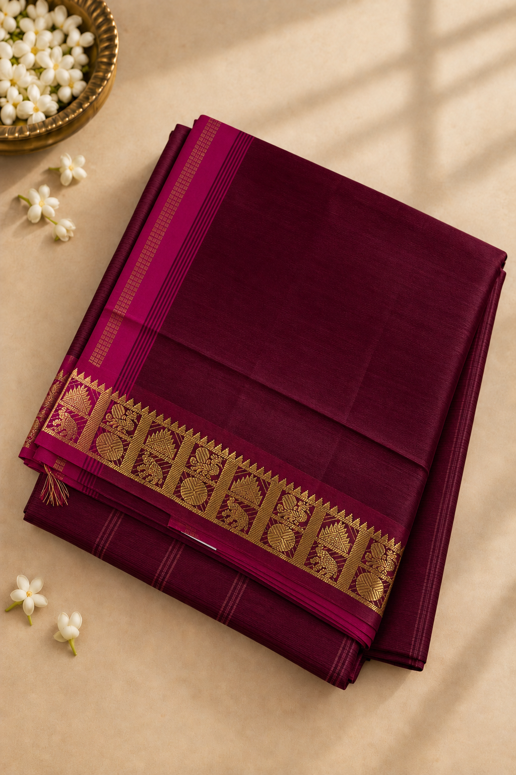 Brown Half Pure Madisar Silk Cotton Saree With Plain Pattern