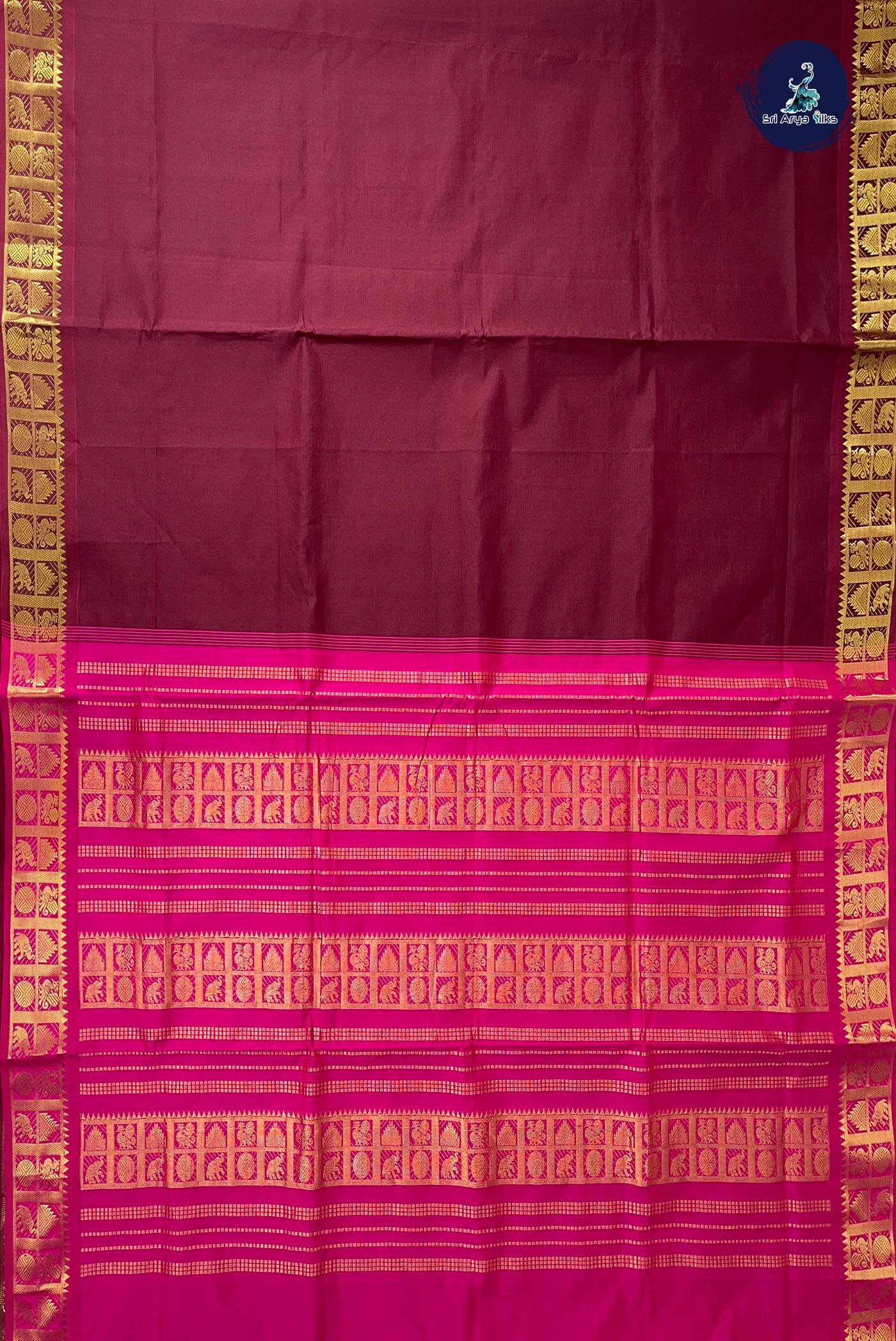 Brown Half Pure Madisar Silk Cotton Saree With Plain Pattern