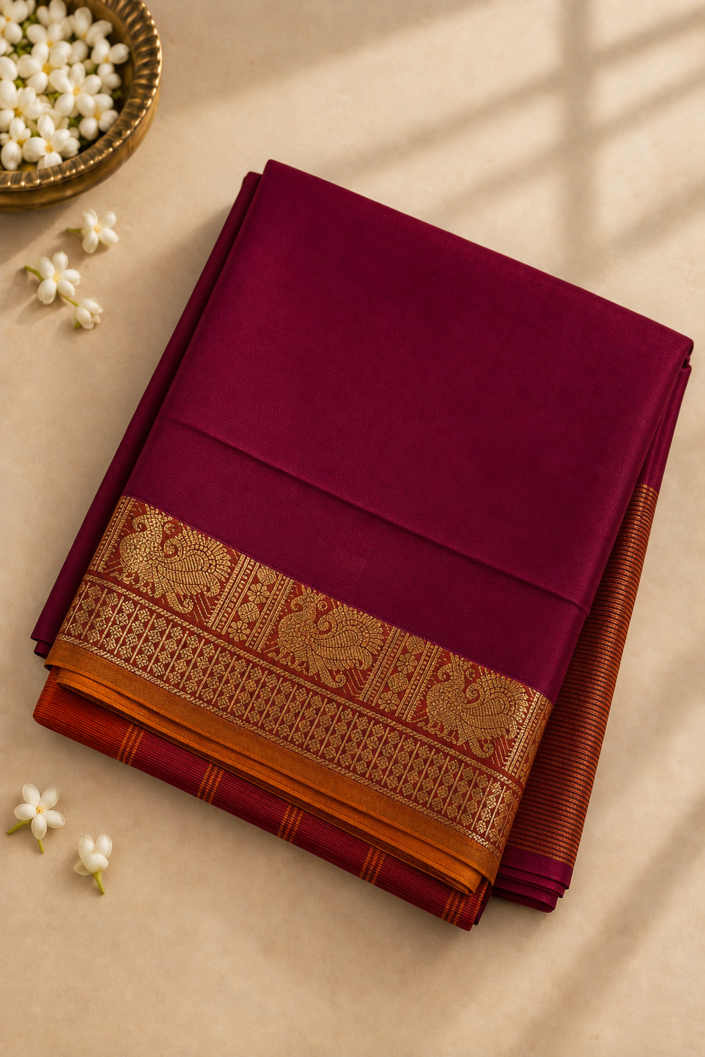 Brown Half Pure Madisar Silk Cotton Saree With Plain Pattern