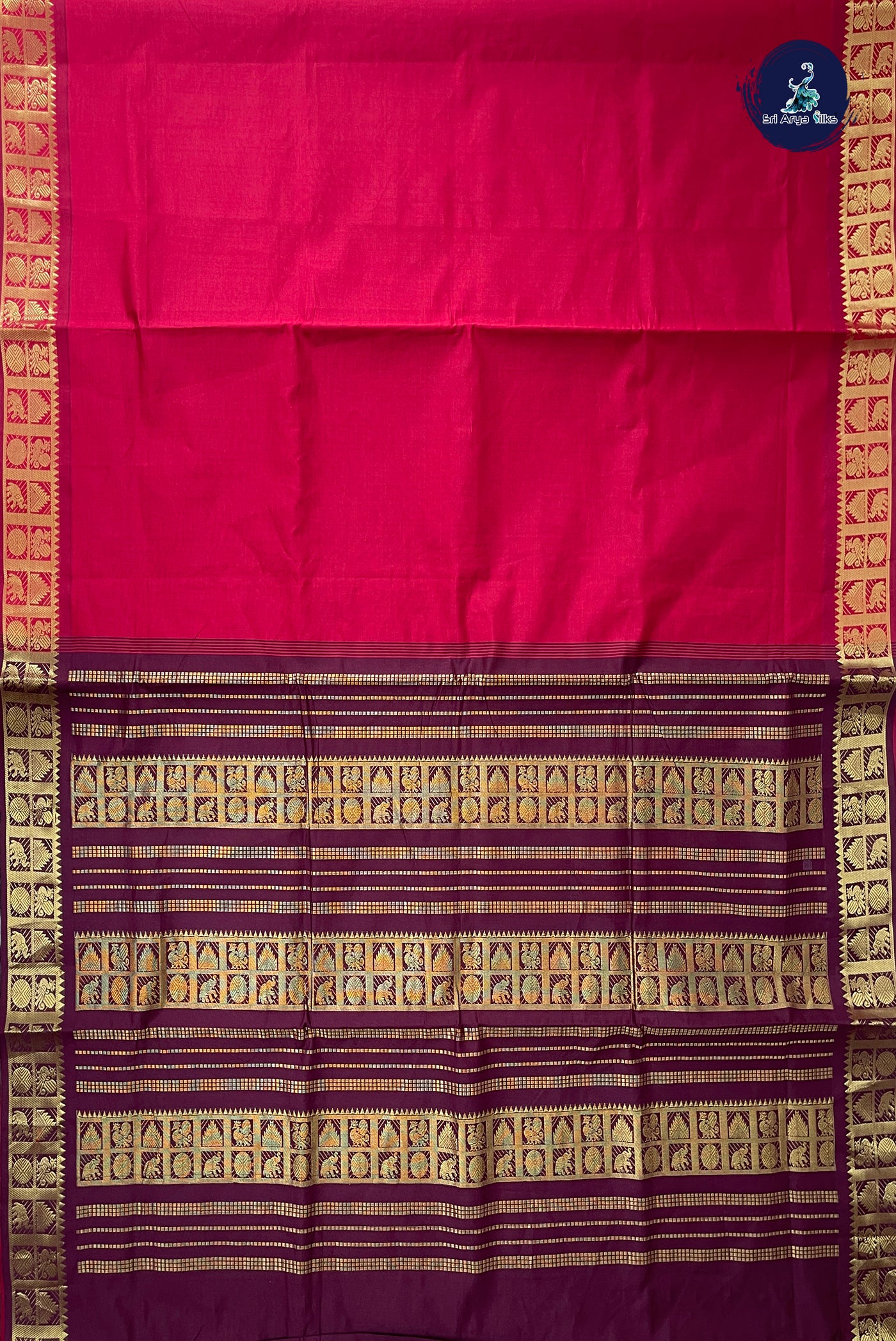 Red Half Pure Madisar Silk Cotton Saree With Plain Pattern
