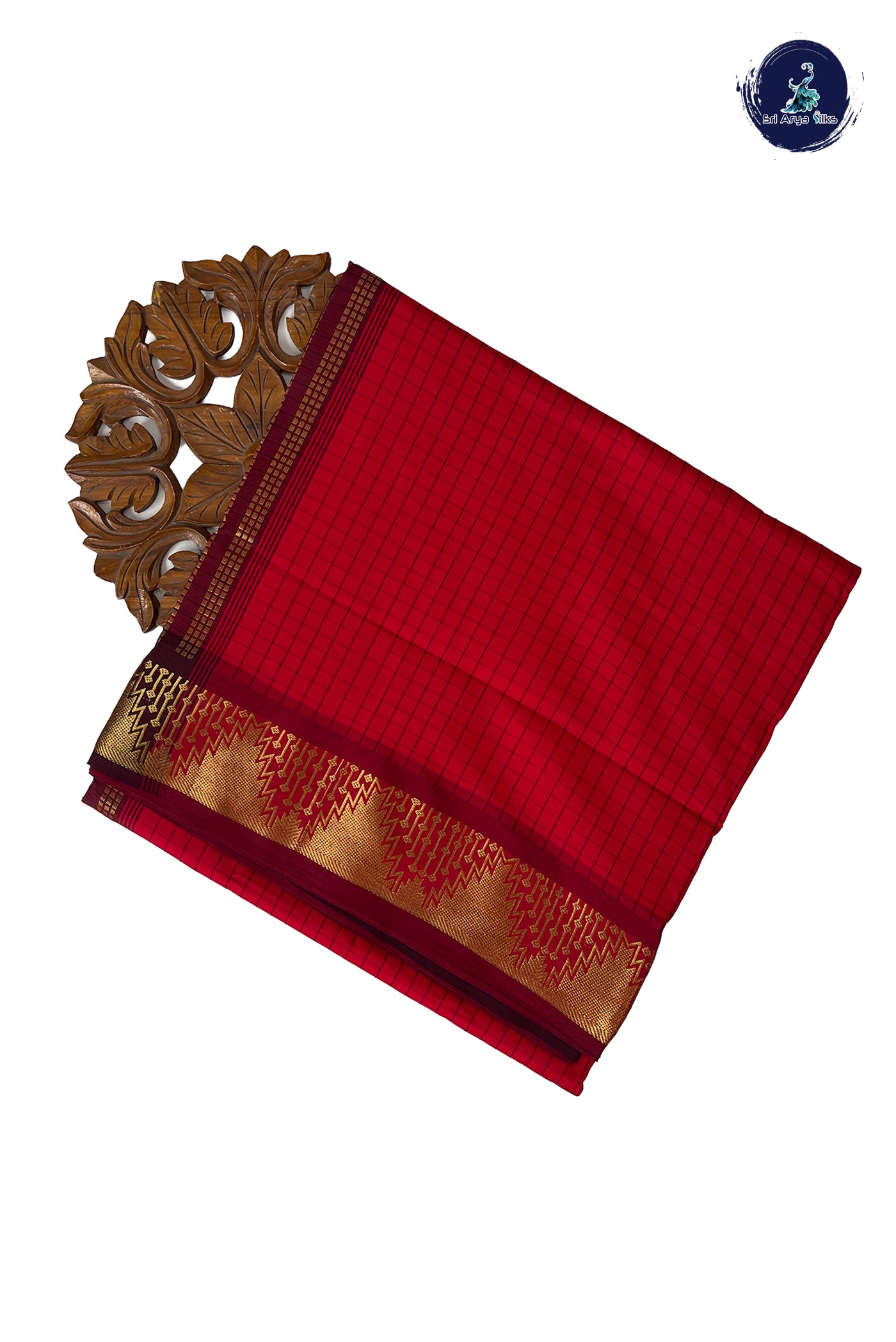 Red Half Pure Madisar Silk Cotton Saree With Checked Pattern