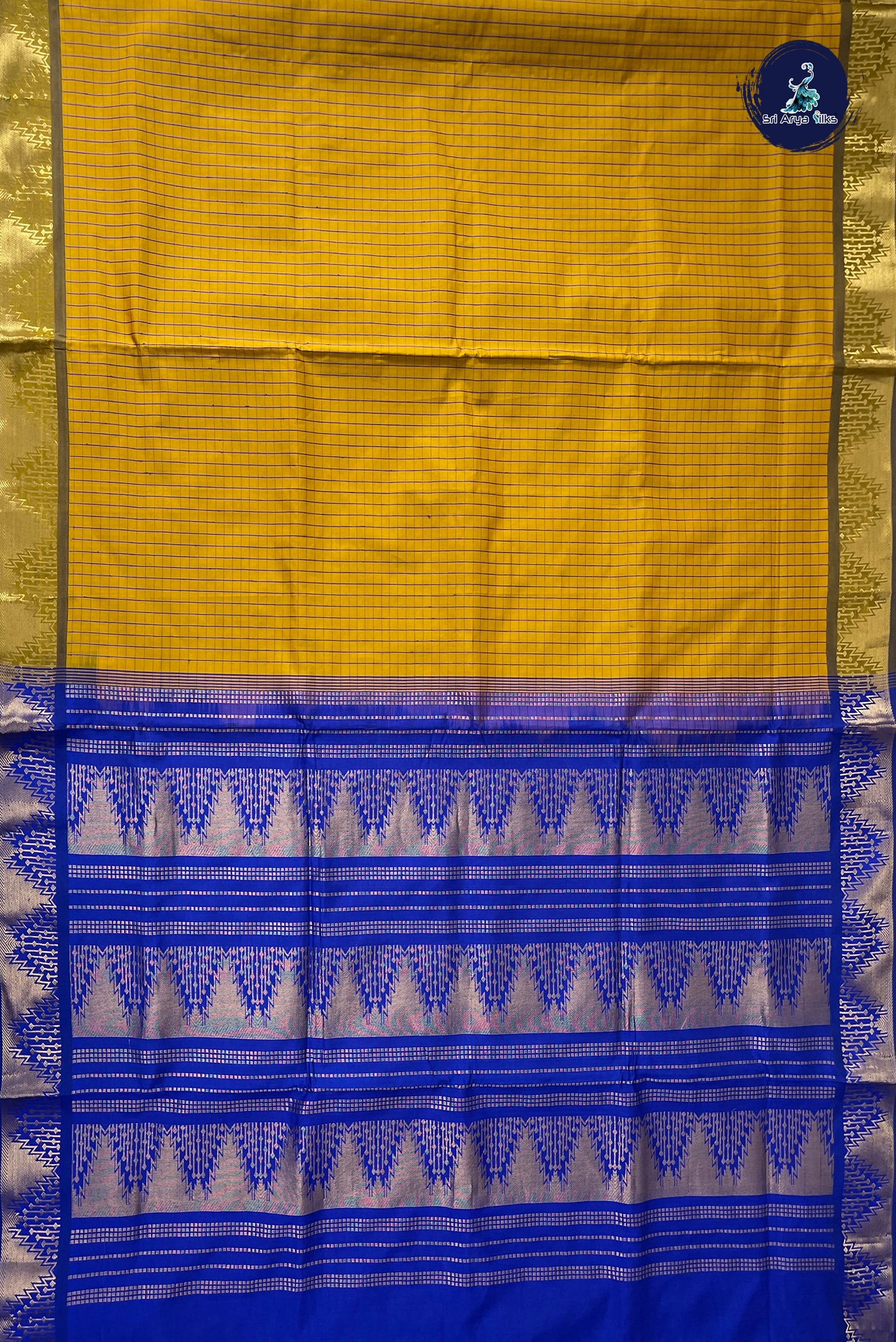Yellow Half Pure Madisar Silk Cotton Saree With Checked Pattern