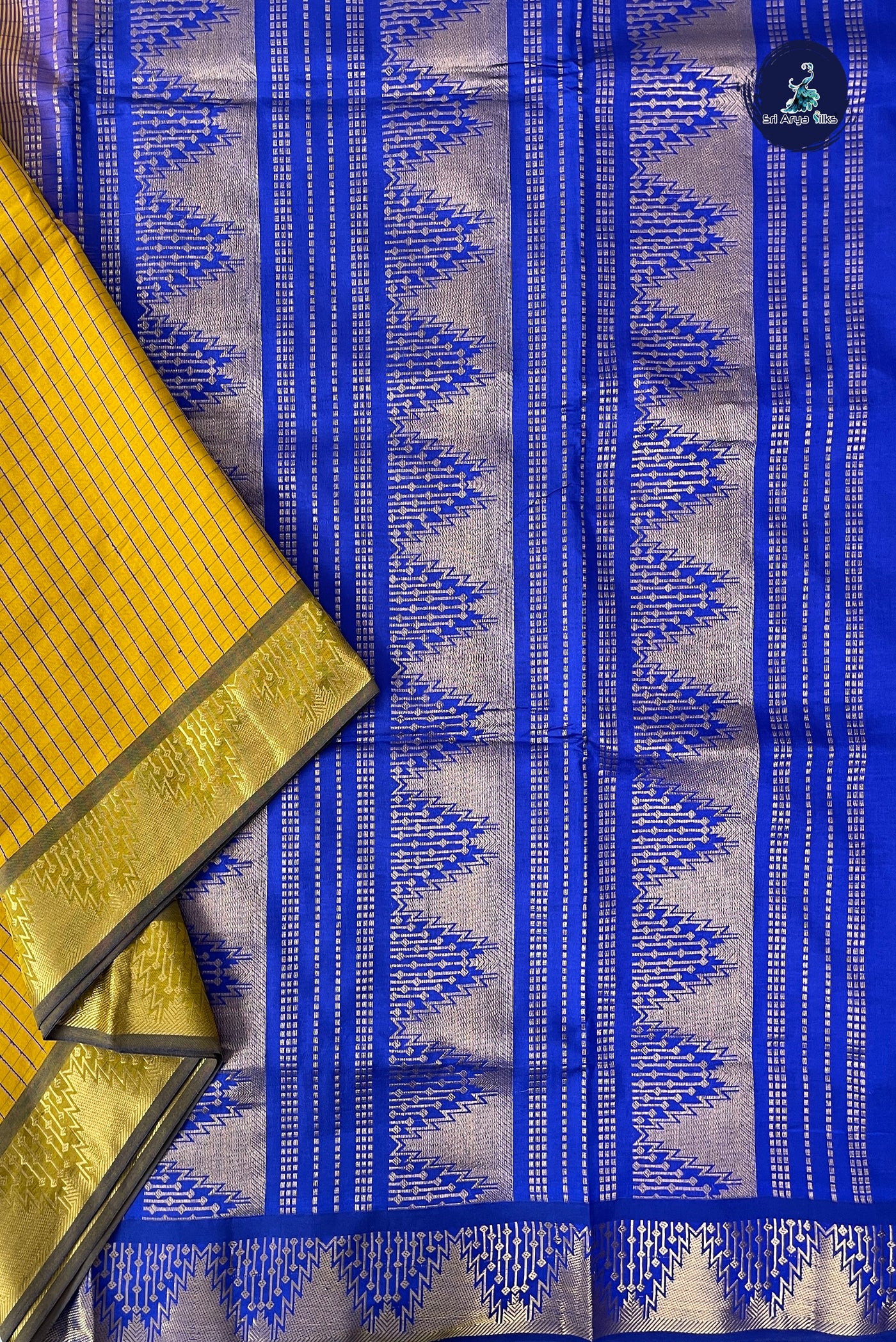 Yellow Half Pure Madisar Silk Cotton Saree With Checked Pattern