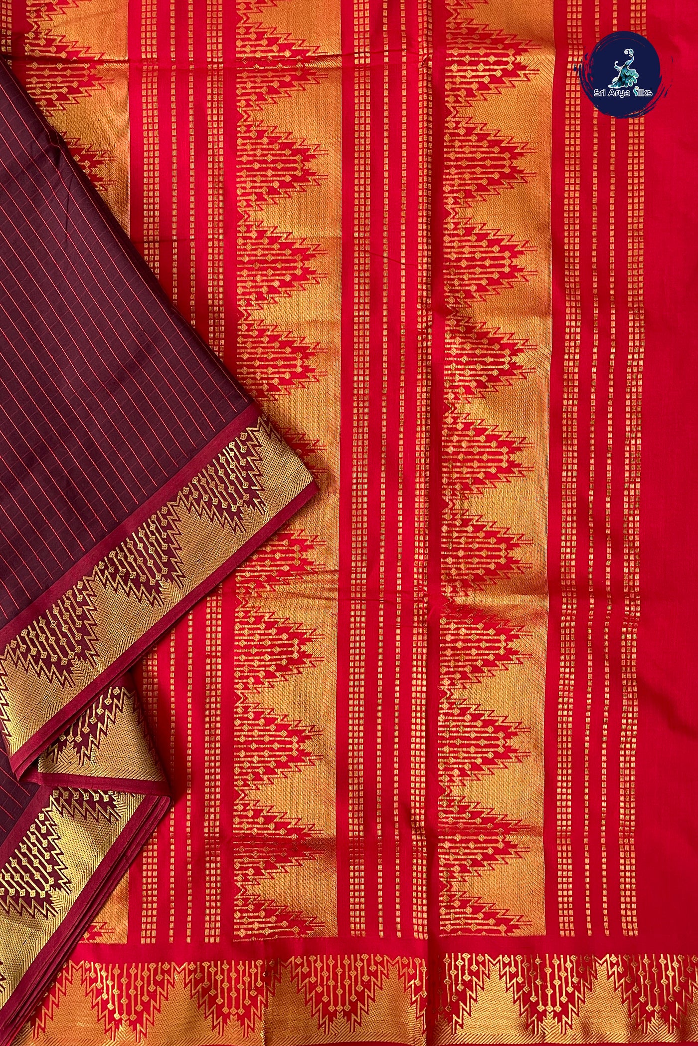 Brown Half Pure Madisar Silk Cotton Saree With Checked Pattern