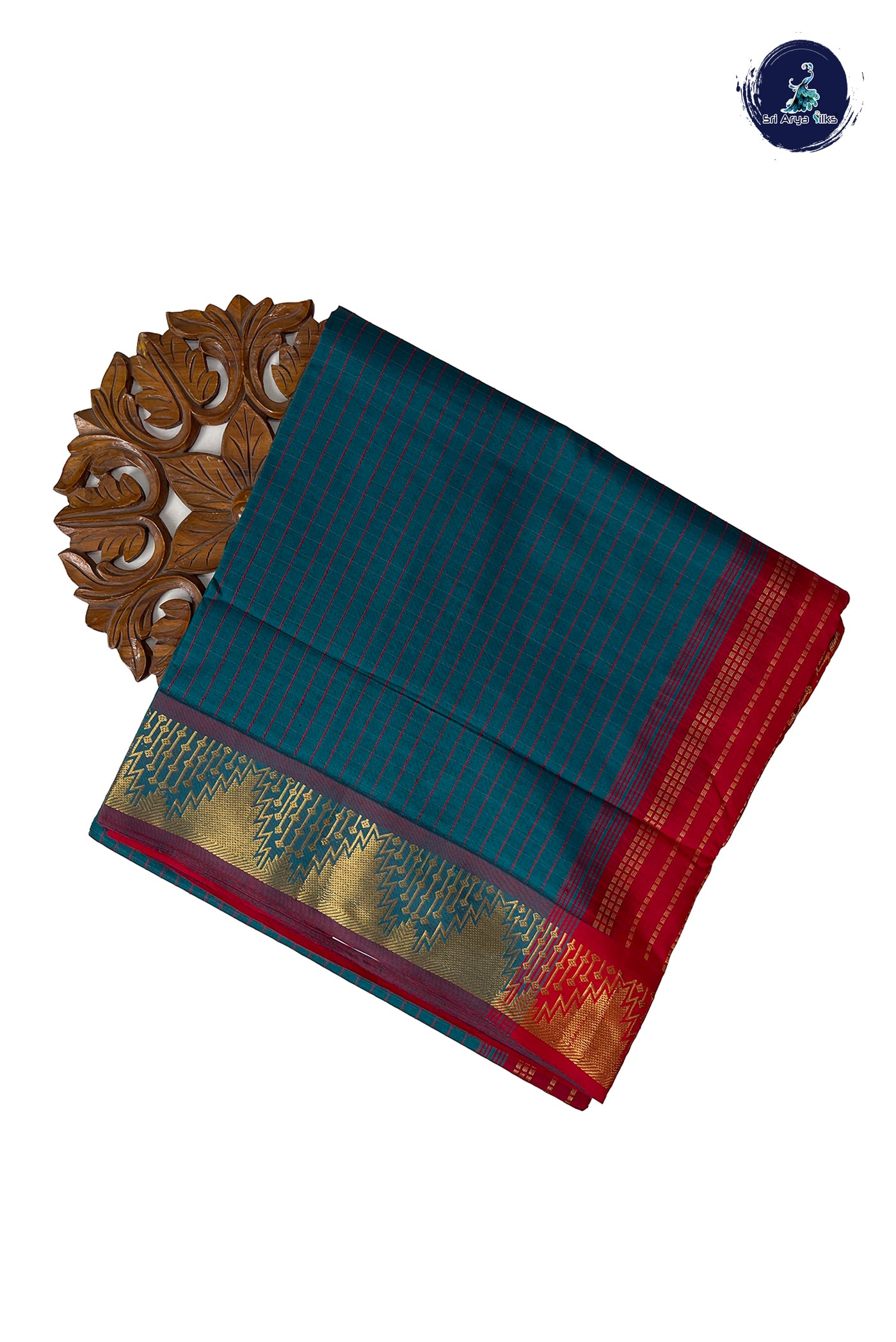 Teal Half Pure Madisar Silk Cotton Saree With Checked Pattern