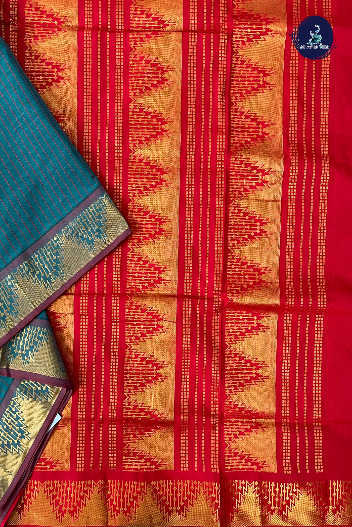 Teal Half Pure Madisar Silk Cotton Saree With Checked Pattern