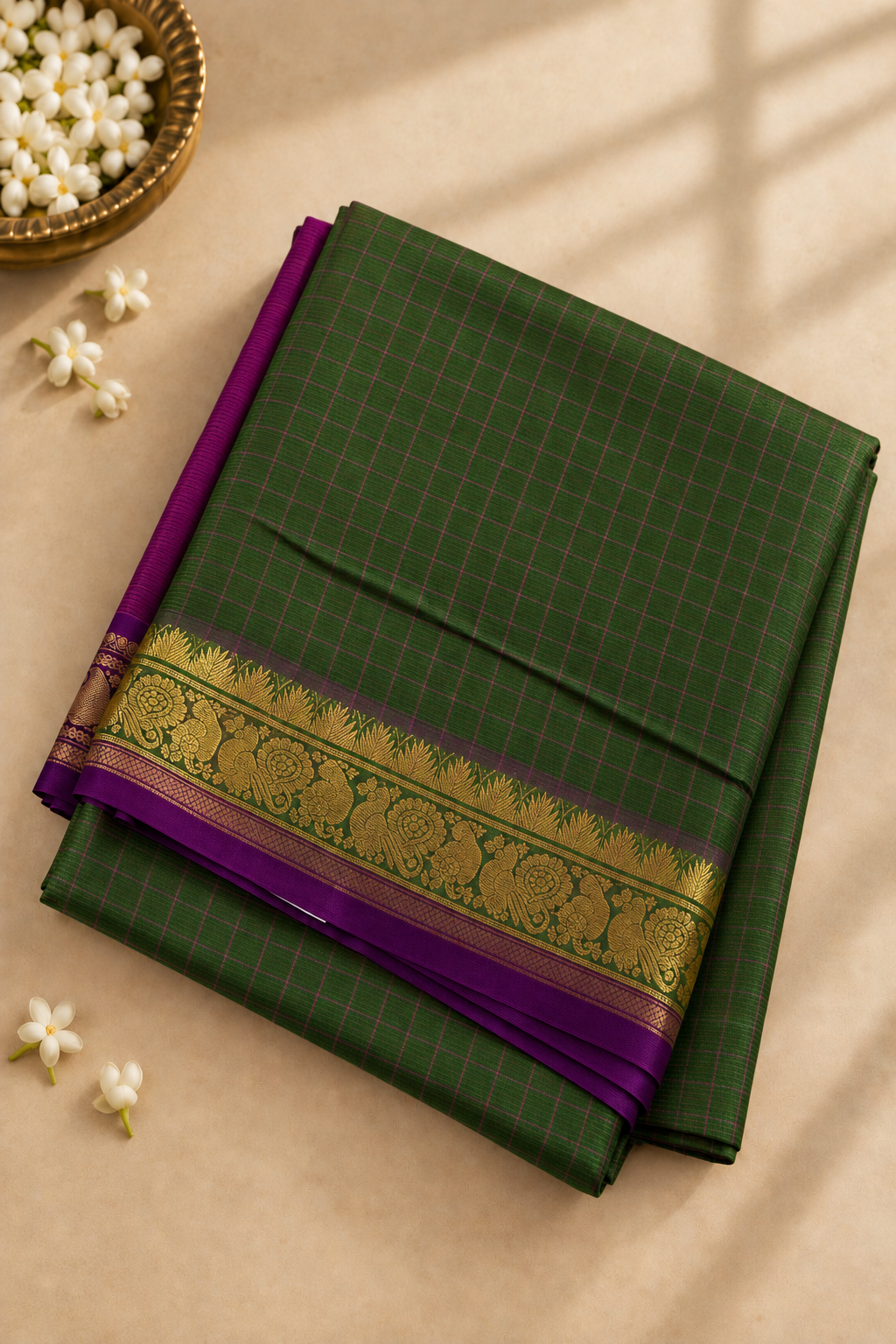 Green Half Pure Madisar Silk Cotton Saree With Checked Pattern