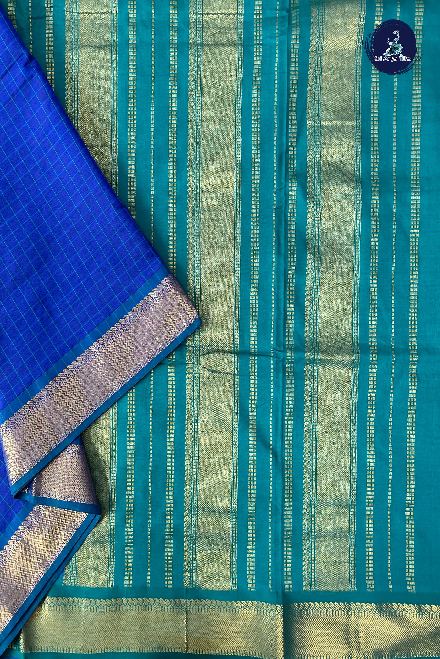 Blue Half Pure Madisar Silk Cotton Saree With Checked Pattern
