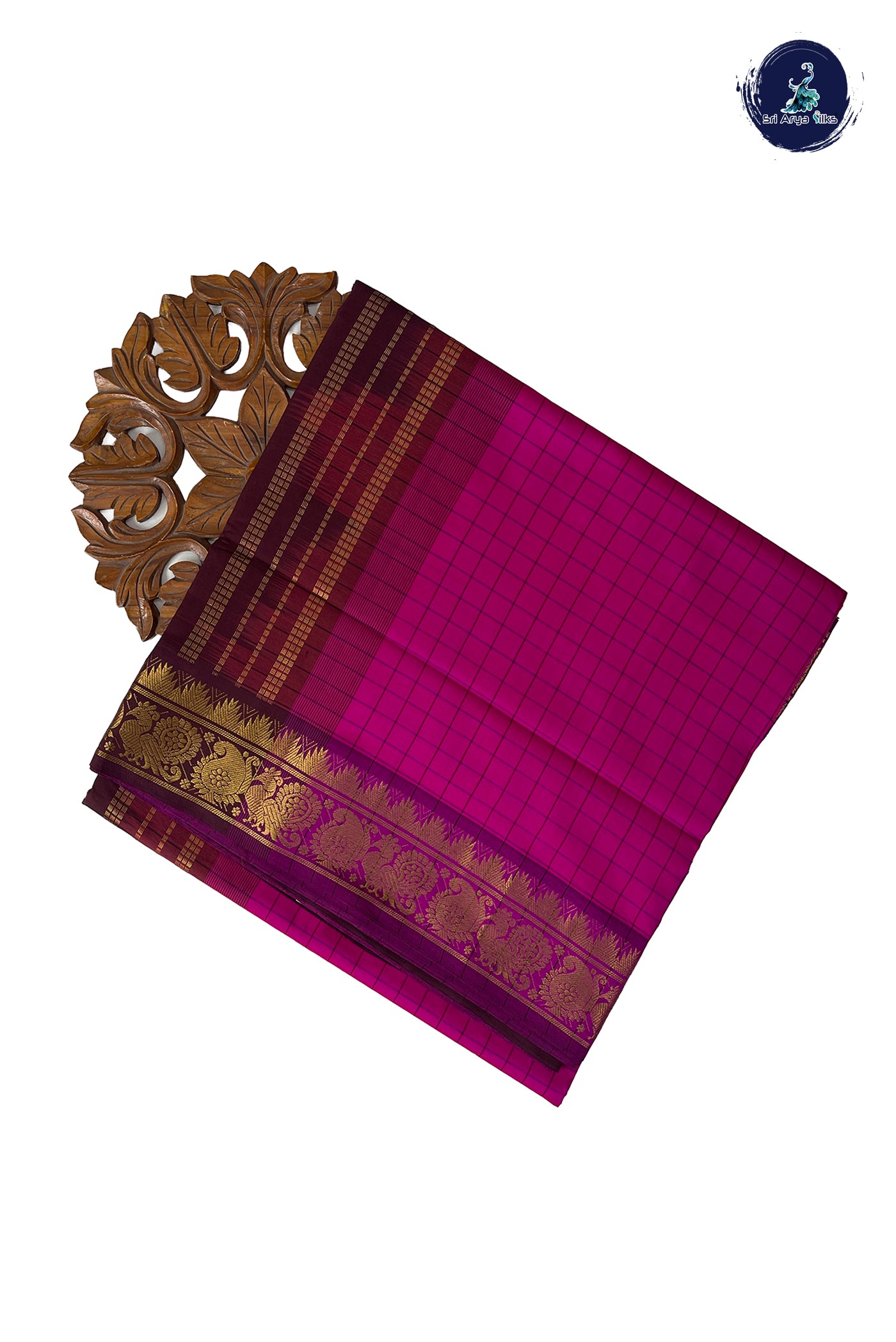 Magenta Pink Half Pure Madisar Silk Cotton Saree With Checked Pattern