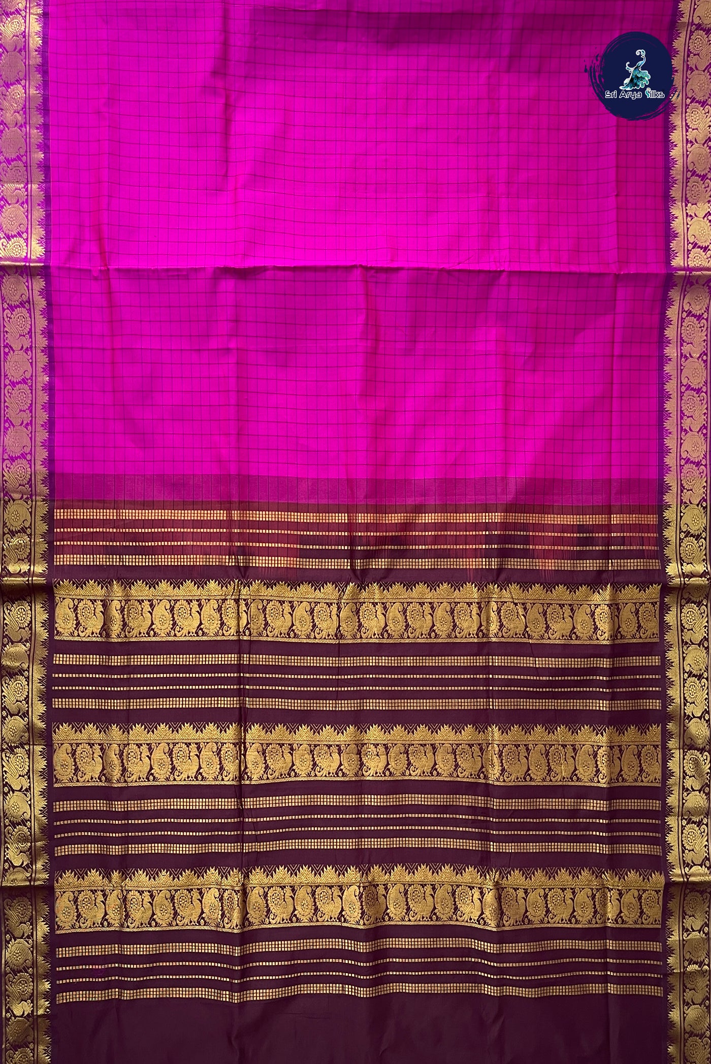 Magenta Pink Half Pure Madisar Silk Cotton Saree With Checked Pattern
