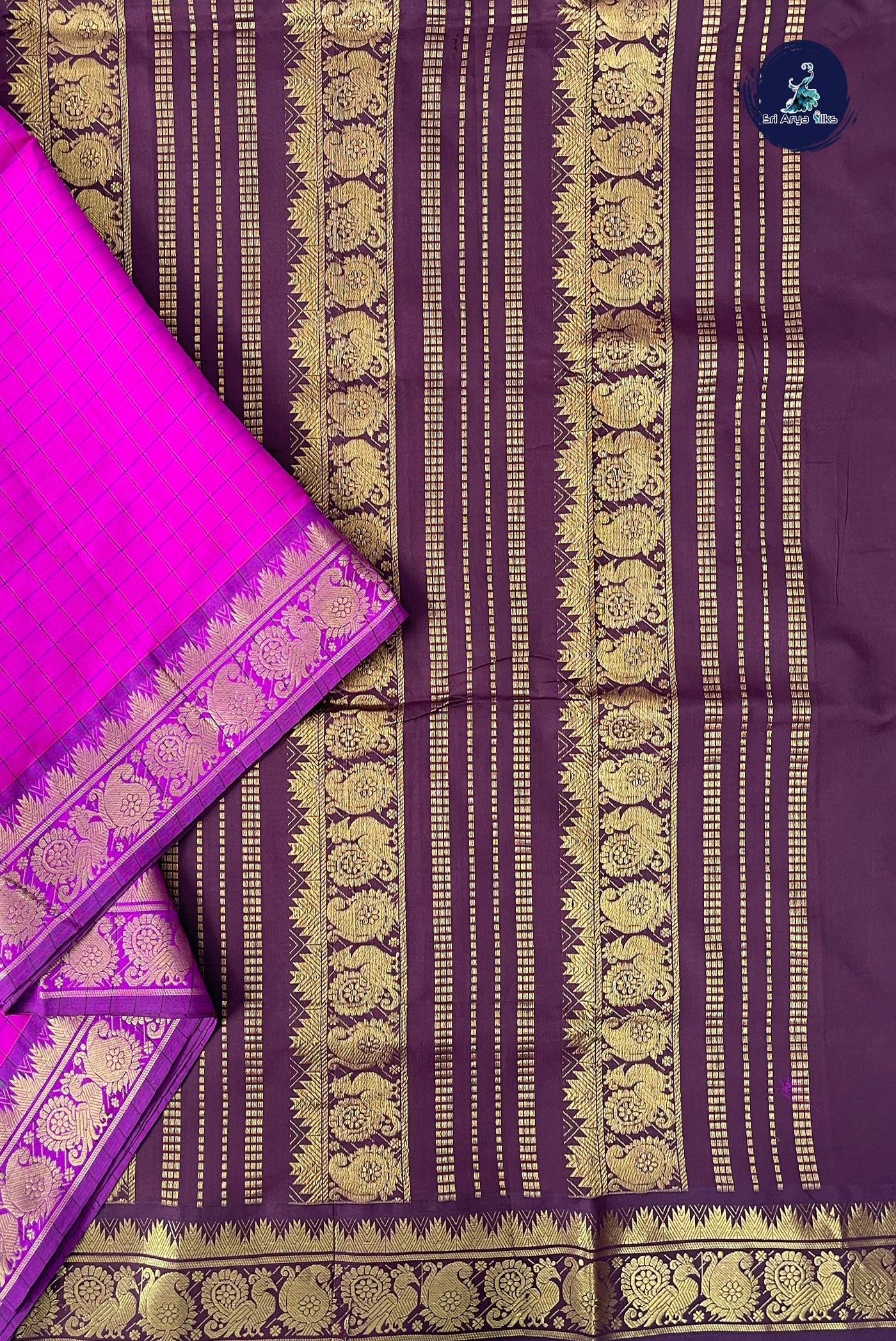 Magenta Pink Half Pure Madisar Silk Cotton Saree With Checked Pattern