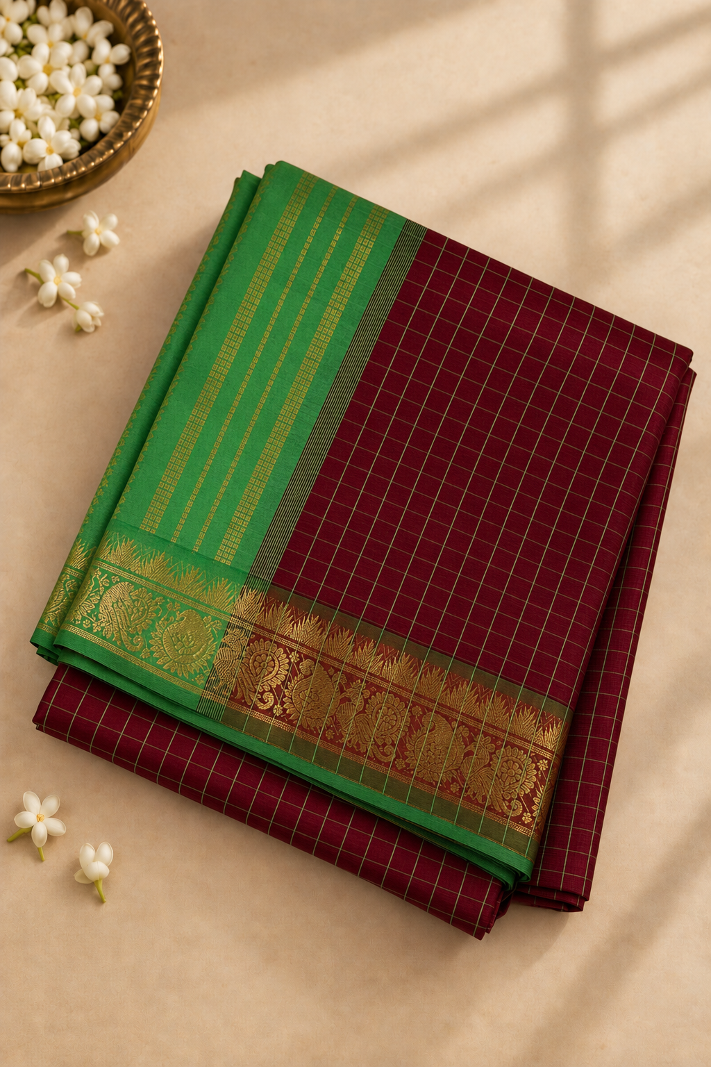 Brown Half Pure Madisar Silk Cotton Saree With Checked Pattern