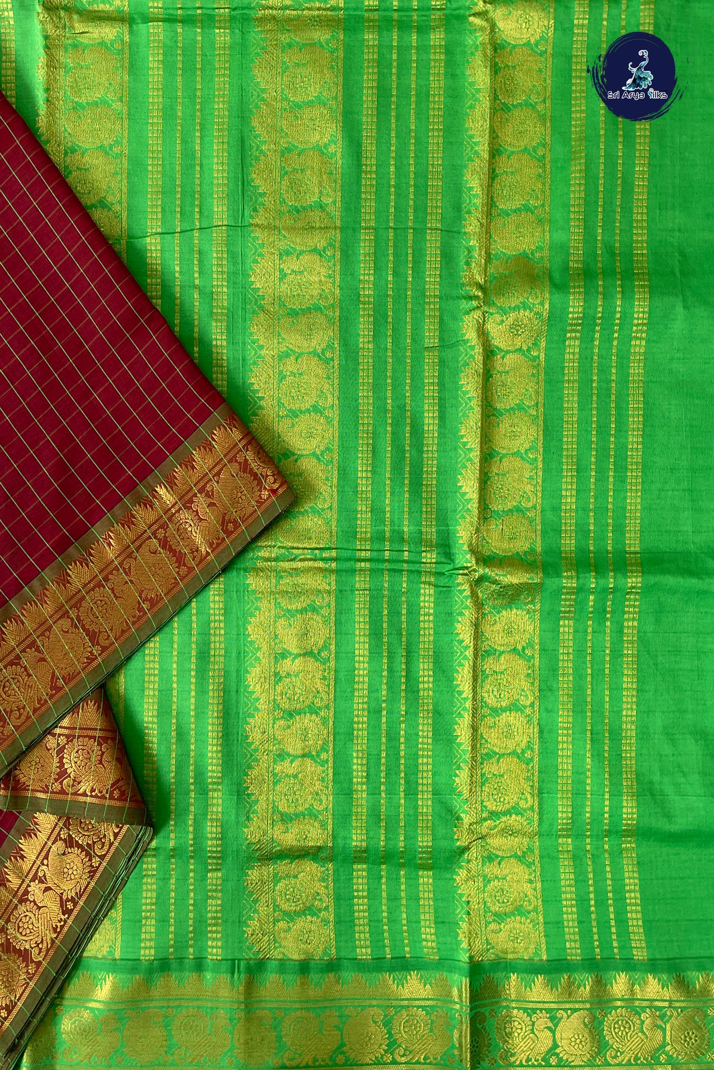 Brown Half Pure Madisar Silk Cotton Saree With Checked Pattern