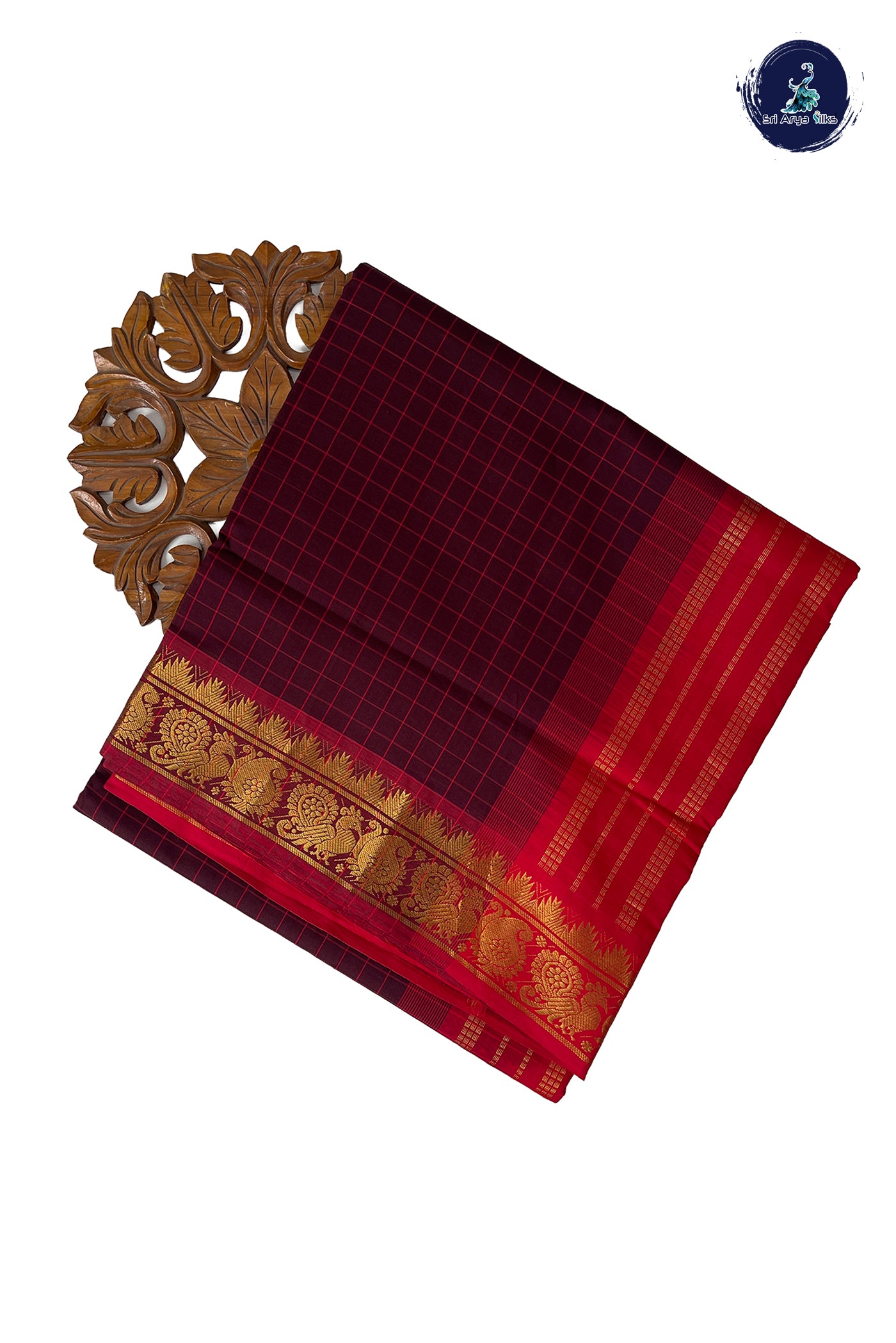 Brown Half Pure Madisar Silk Cotton Saree With Checked Pattern
