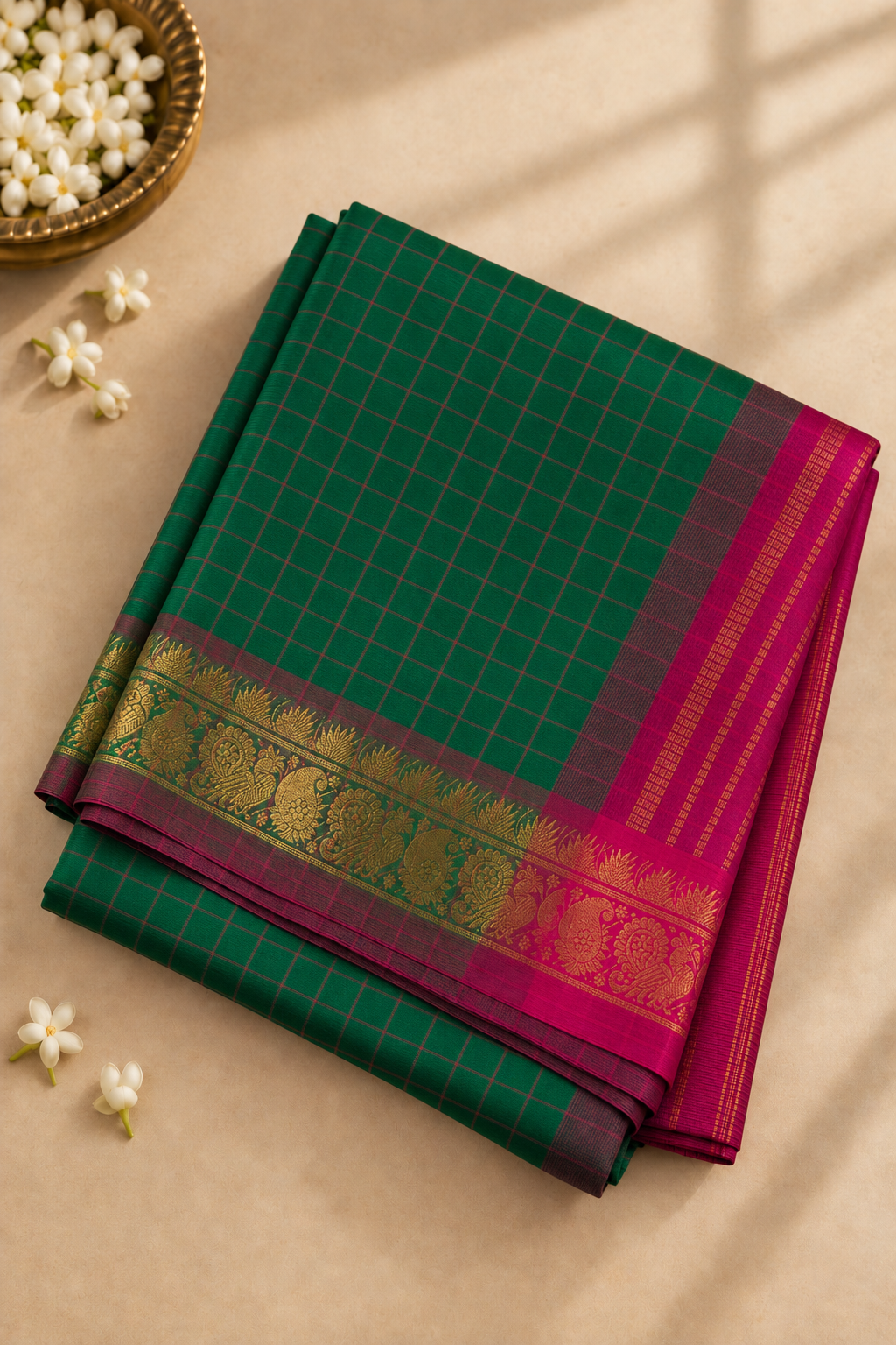 Green Half Pure Madisar Silk Cotton Saree With Checked Pattern