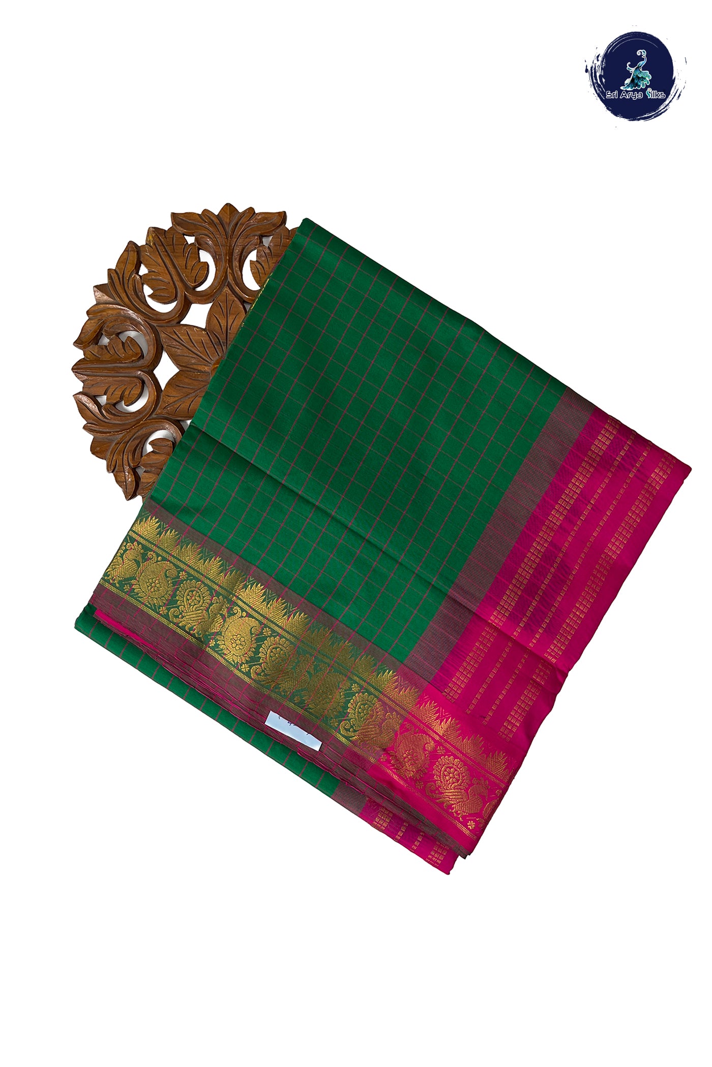 Green Half Pure Madisar Silk Cotton Saree With Checked Pattern