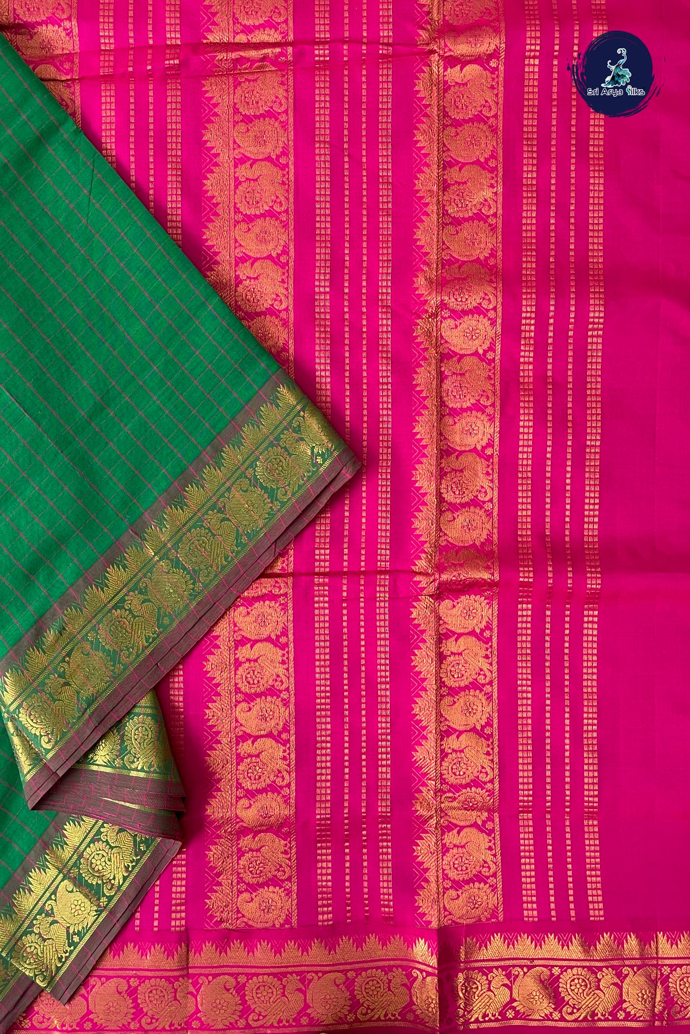 Green Half Pure Madisar Silk Cotton Saree With Checked Pattern