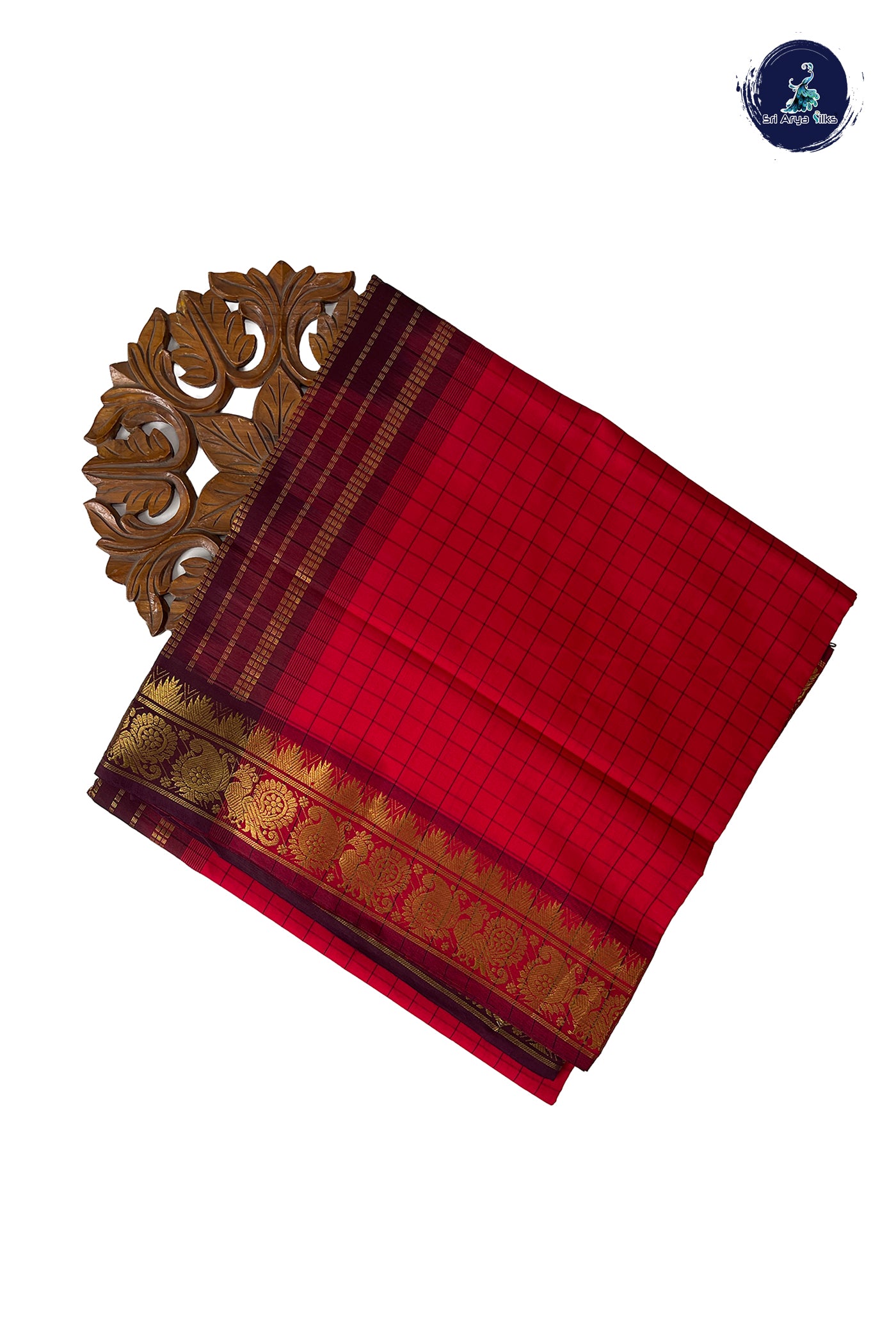 Red Half Pure Madisar Silk Cotton Saree With Checked Pattern