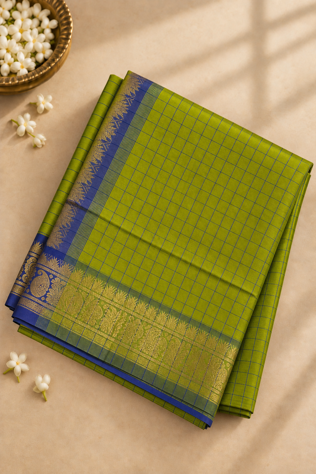 Lime Green Half Pure Madisar Silk Cotton Saree With Checked Pattern