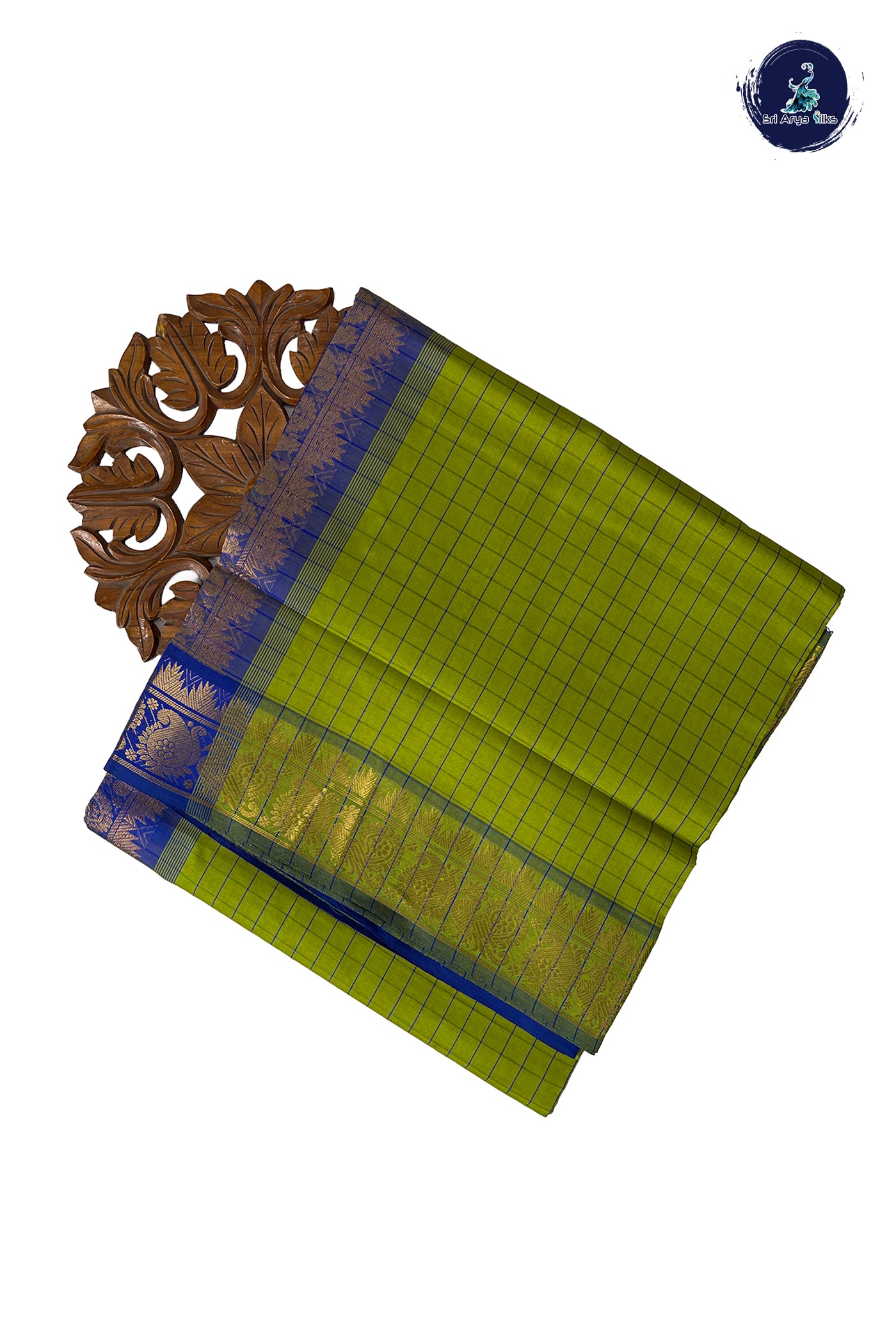 Lime Green Half Pure Madisar Silk Cotton Saree With Checked Pattern