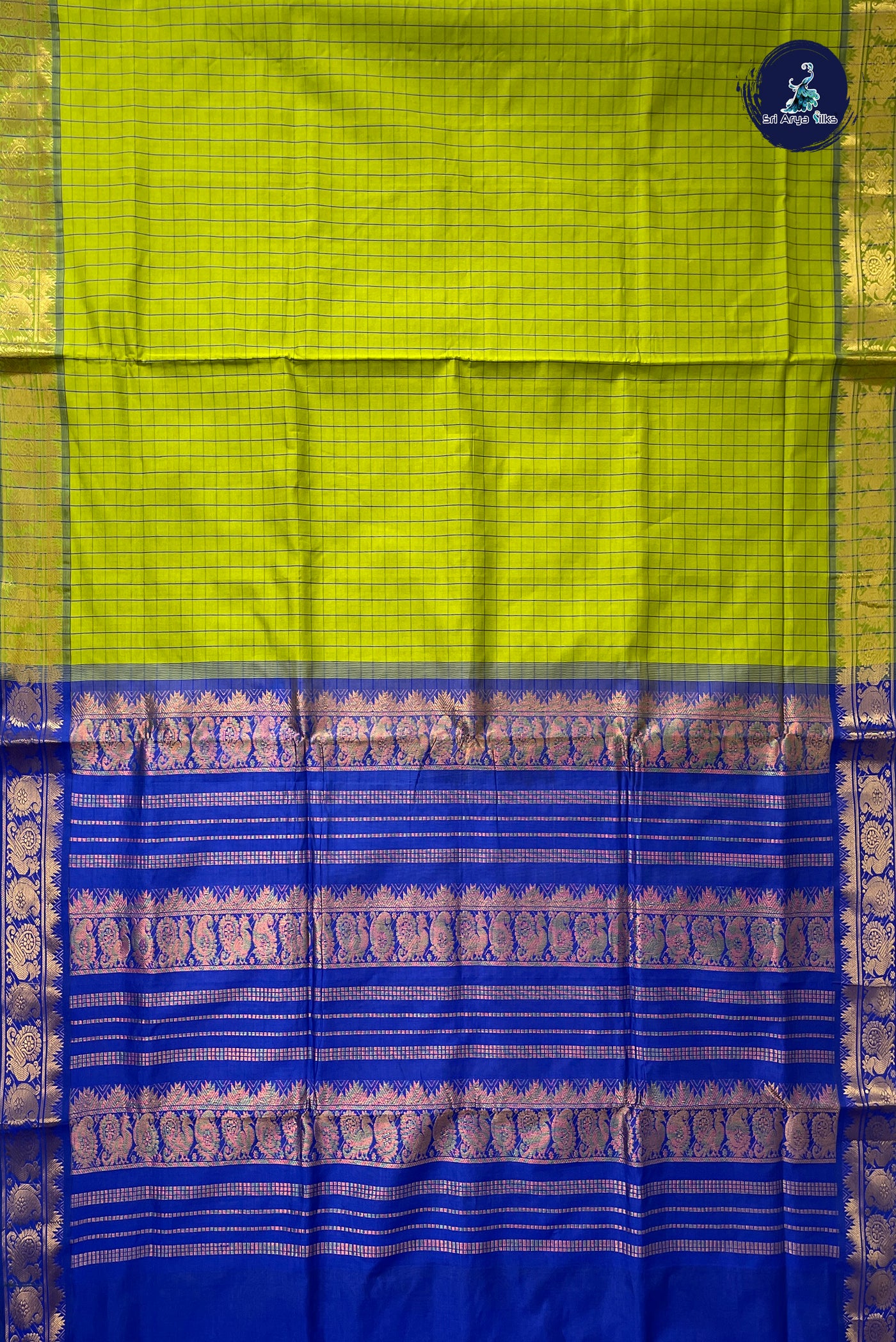 Lime Green Half Pure Madisar Silk Cotton Saree With Checked Pattern