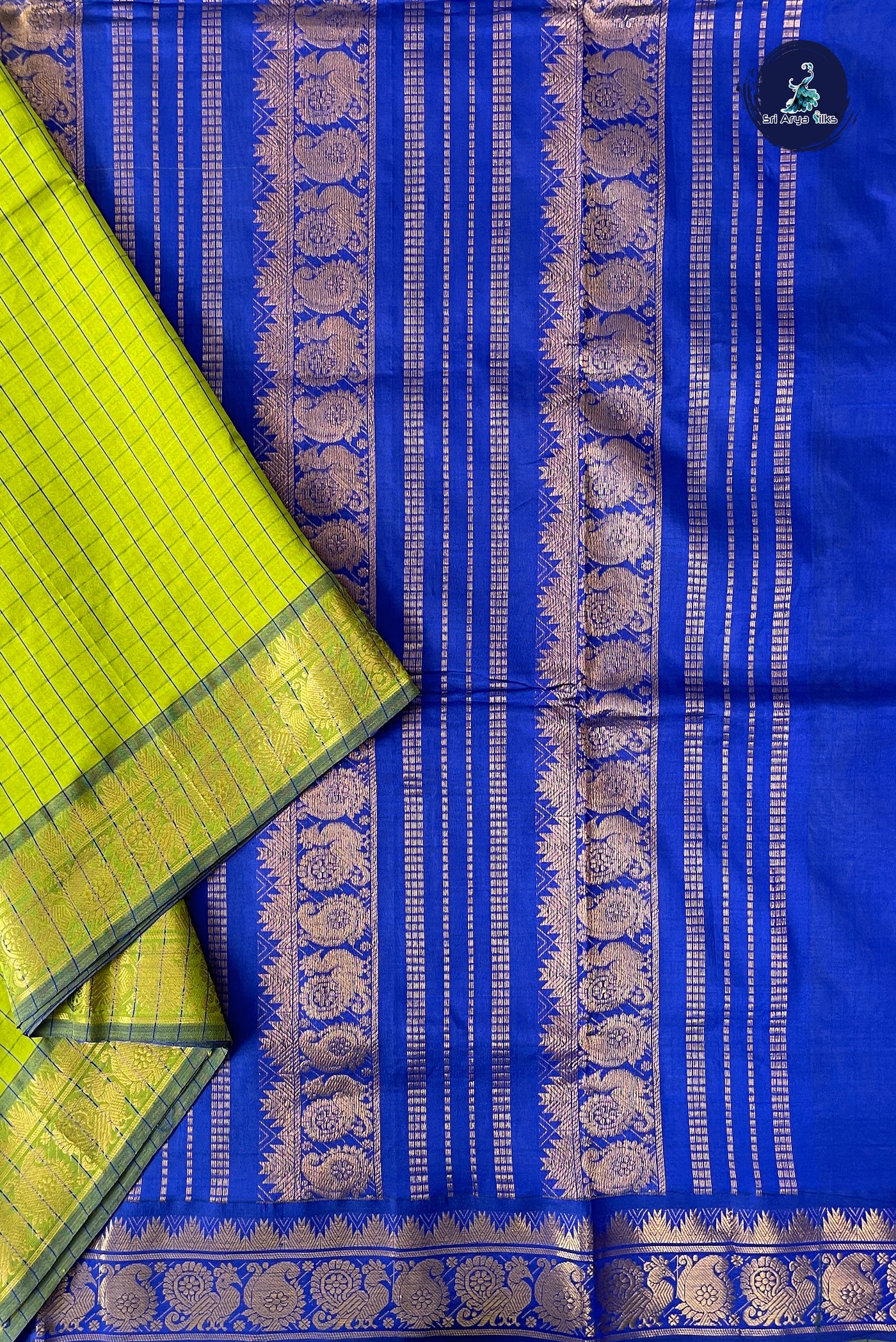 Lime Green Half Pure Madisar Silk Cotton Saree With Checked Pattern