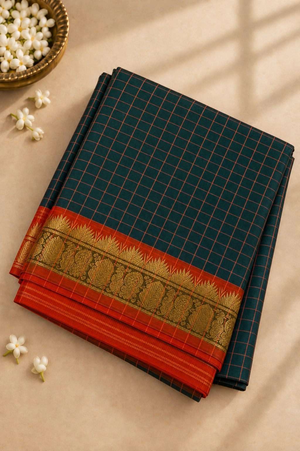 Dark Green Half Pure Madisar Silk Cotton Saree With Checked Pattern