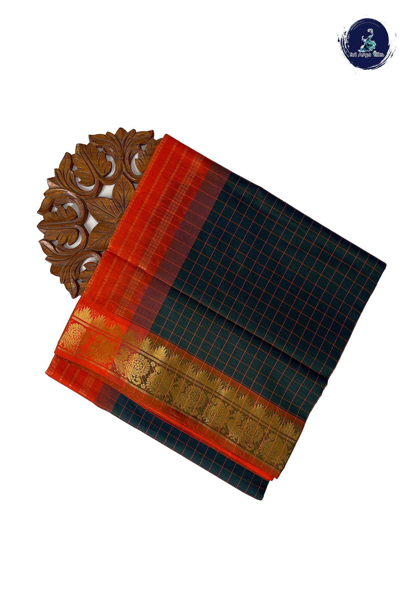 Dark Green Half Pure Madisar Silk Cotton Saree With Checked Pattern