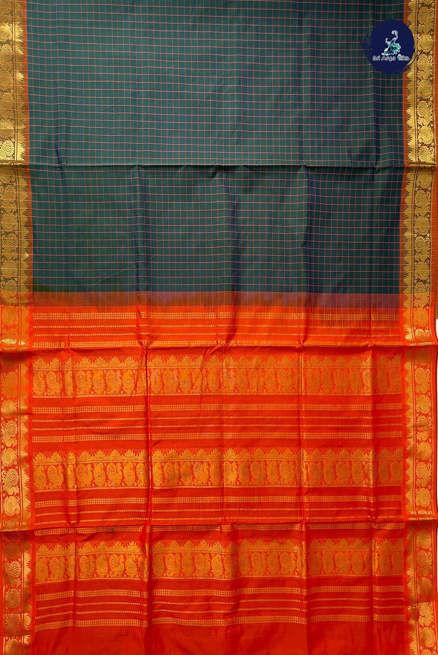 Dark Green Half Pure Madisar Silk Cotton Saree With Checked Pattern