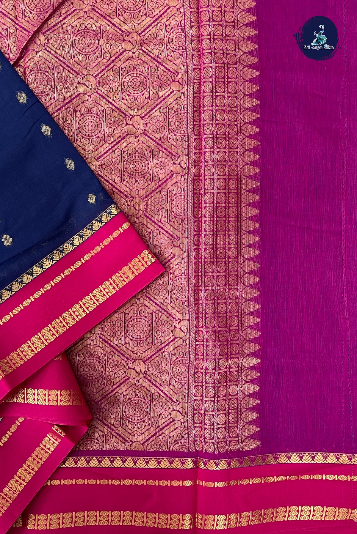 Navy Blue Madisar Semi Silk Cotton Saree With Zari Buttas Pattern