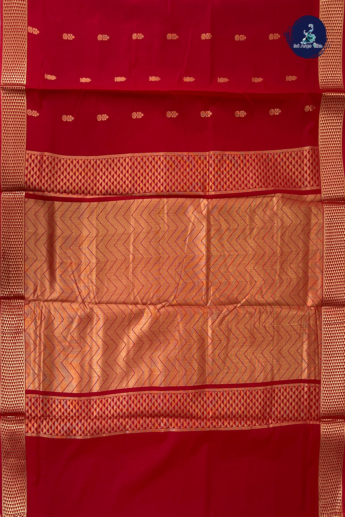 Red Madisar Semi Silk Cotton Saree With Zari Buttas Pattern