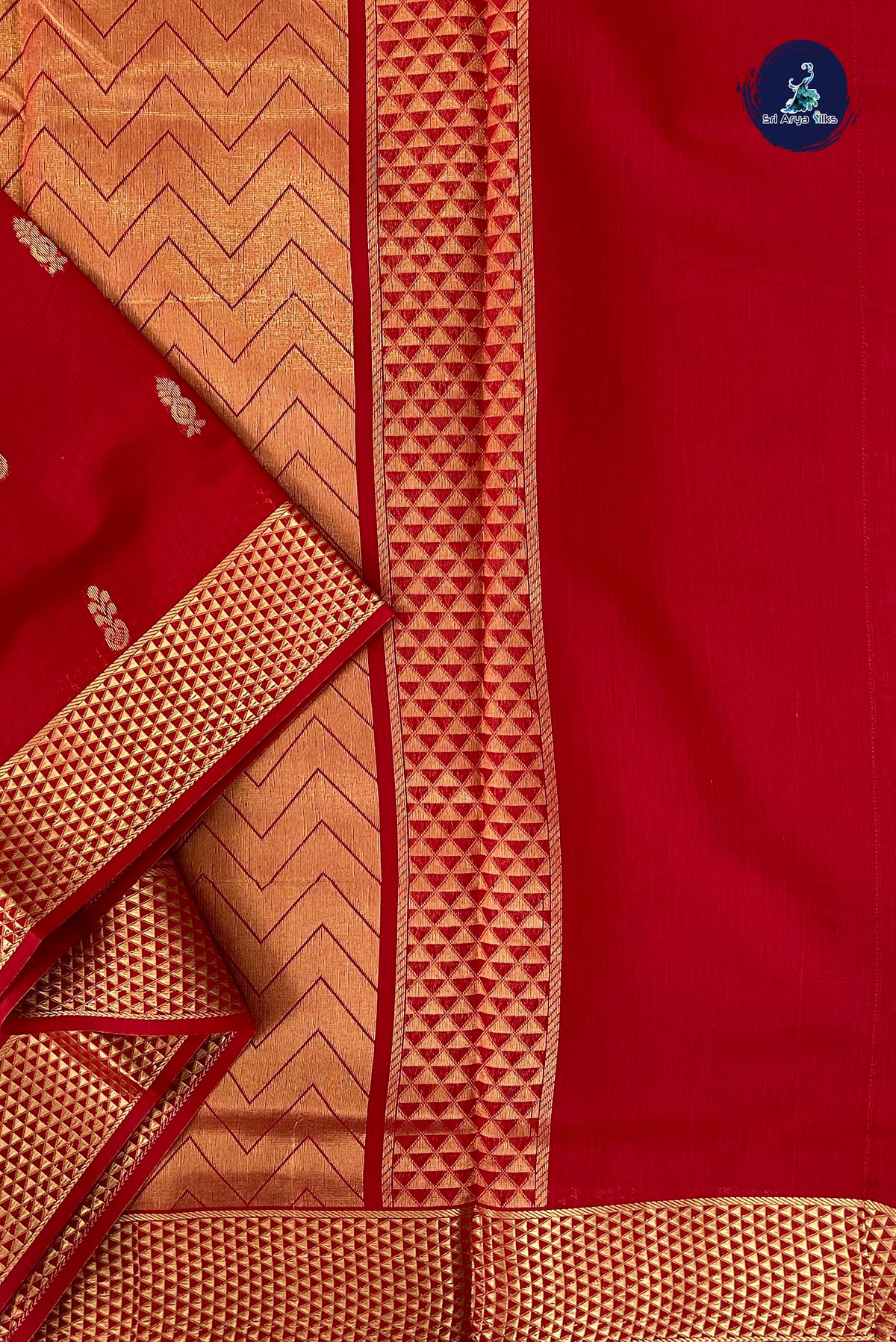 Red Madisar Semi Silk Cotton Saree With Zari Buttas Pattern