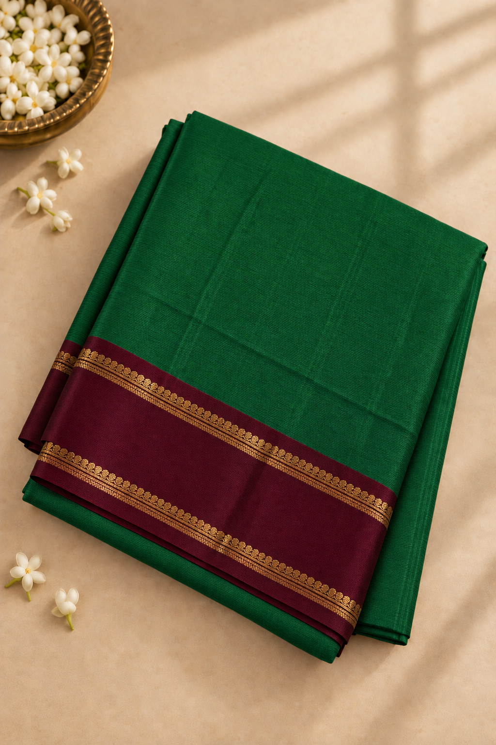 Dark Green Madisar 10 Yards Silk Saree With Doria Lines Pattern