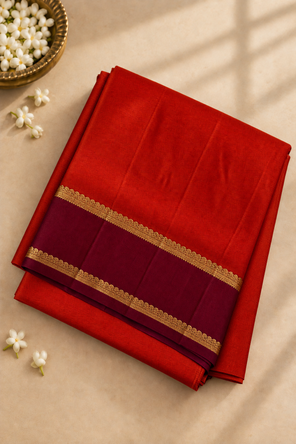 Orange Madisar 10 Yards Silk Saree With Doria Lines Pattern