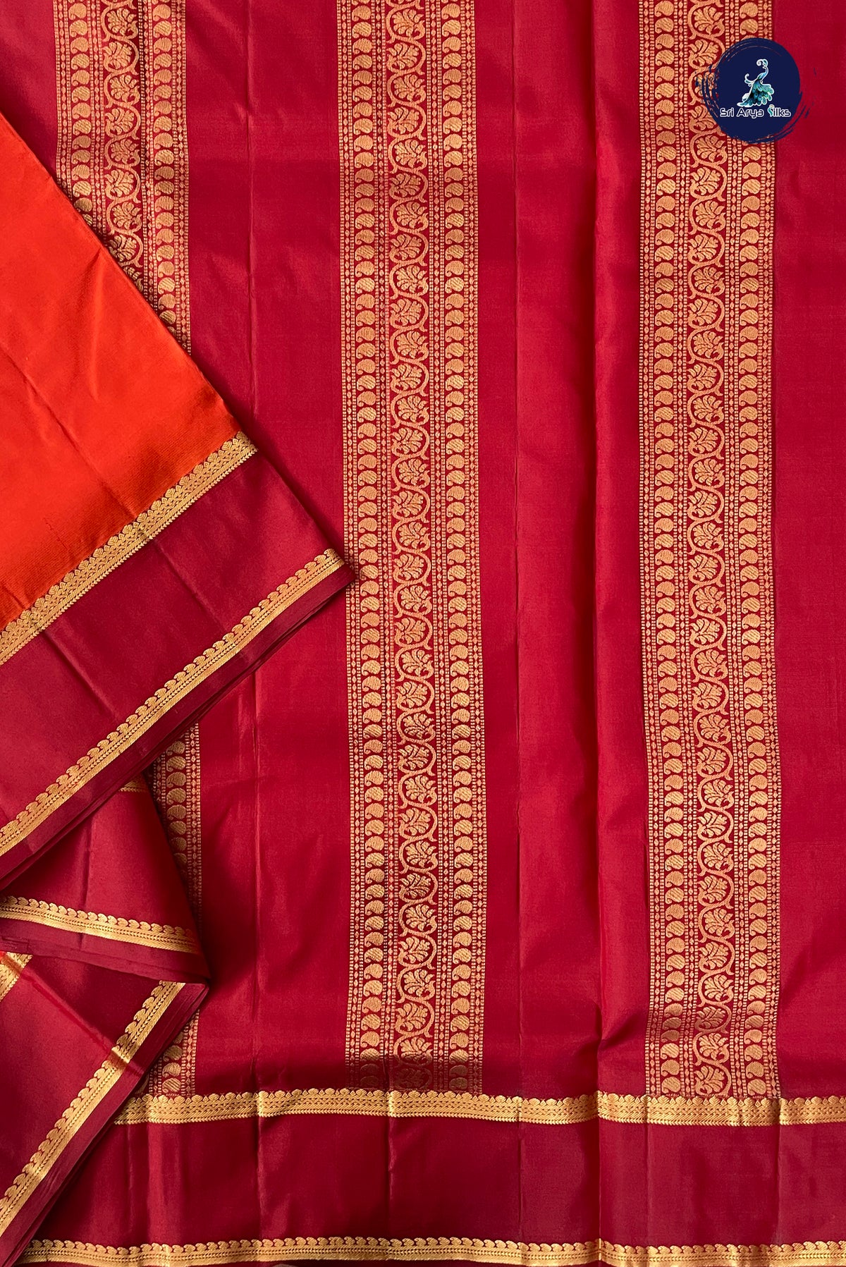 Orange Madisar 10 Yards Silk Saree With Doria Lines Pattern
