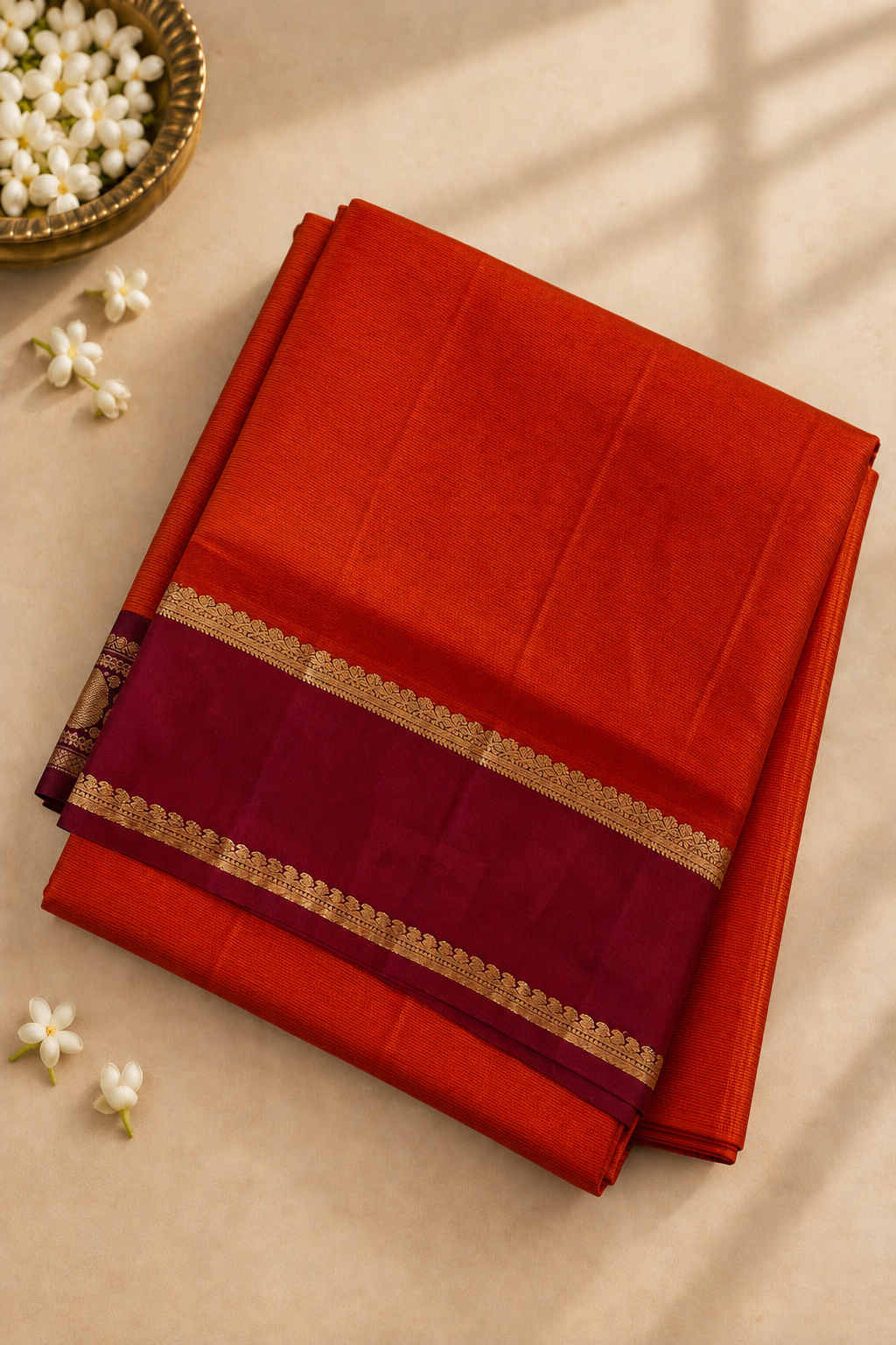 Orange Madisar 10 Yards Silk Saree With Doria Lines Pattern
