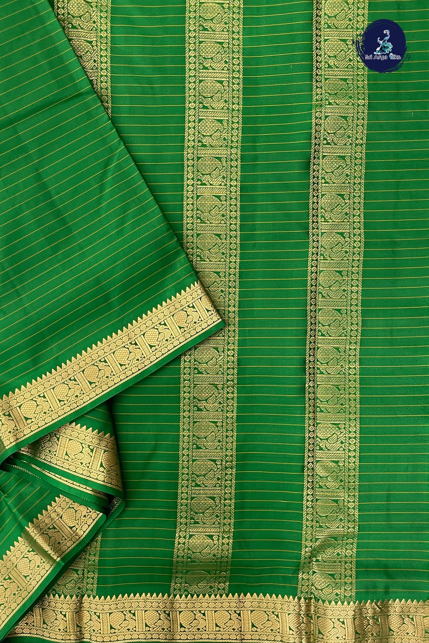 Green Madisar 10 Yards Silk Saree With Stripes Pattern