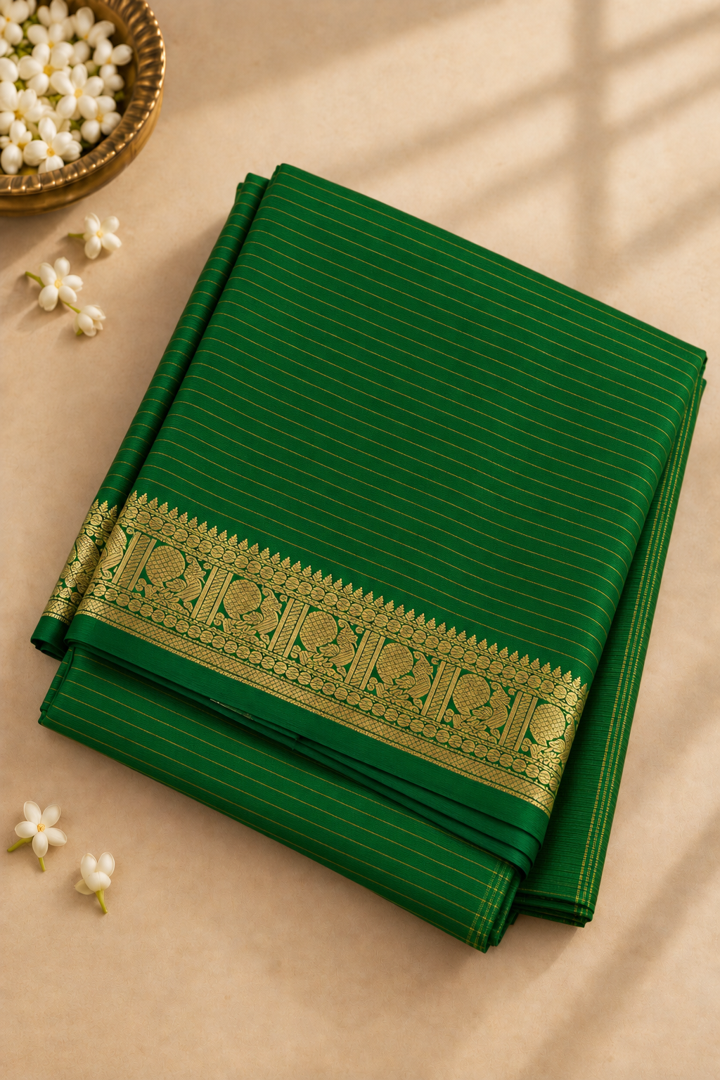 Green Madisar 10 Yards Silk Saree With Stripes Pattern