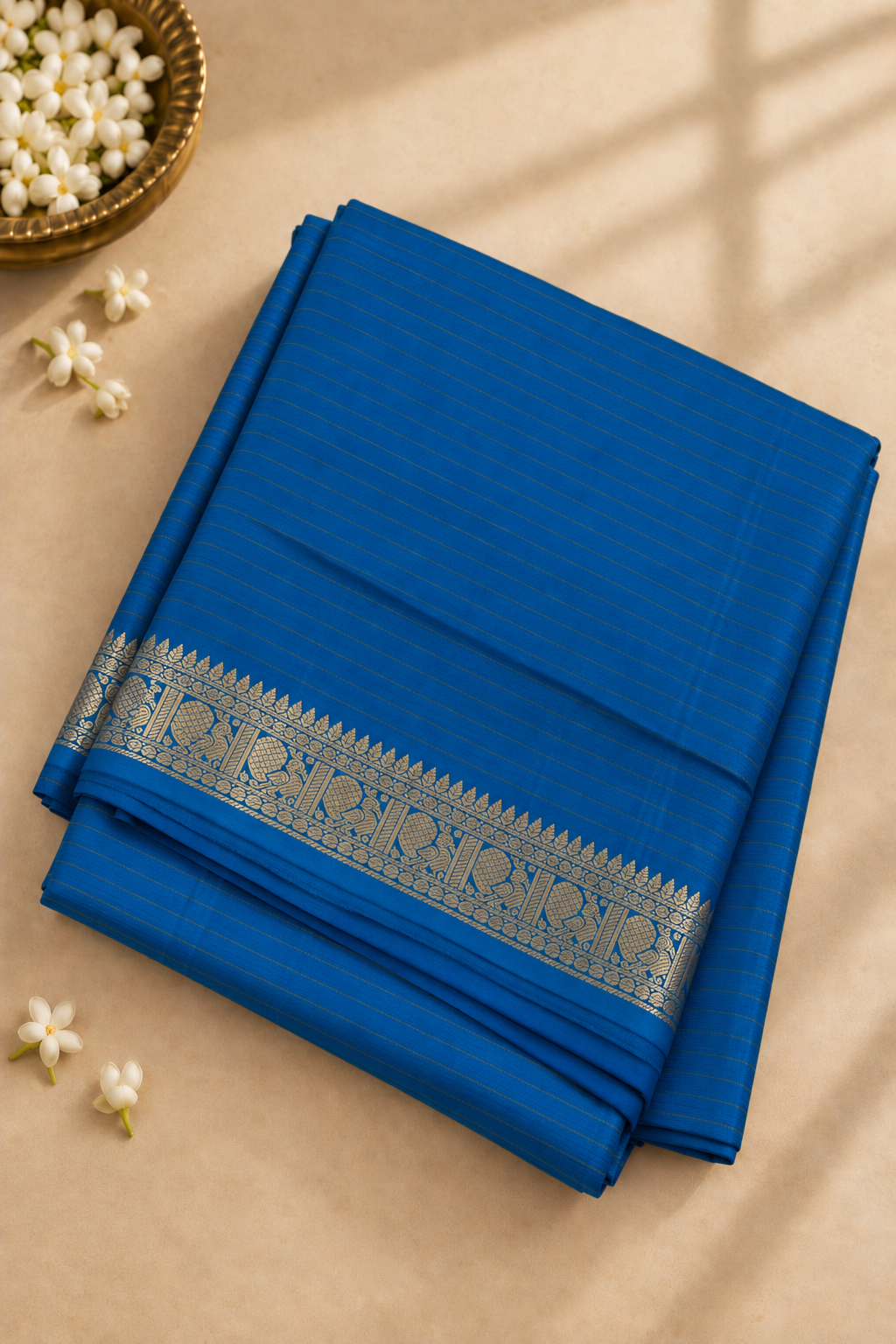 Copper Sulphate Blue Madisar 10 Yards Silk Saree With Stripes Pattern