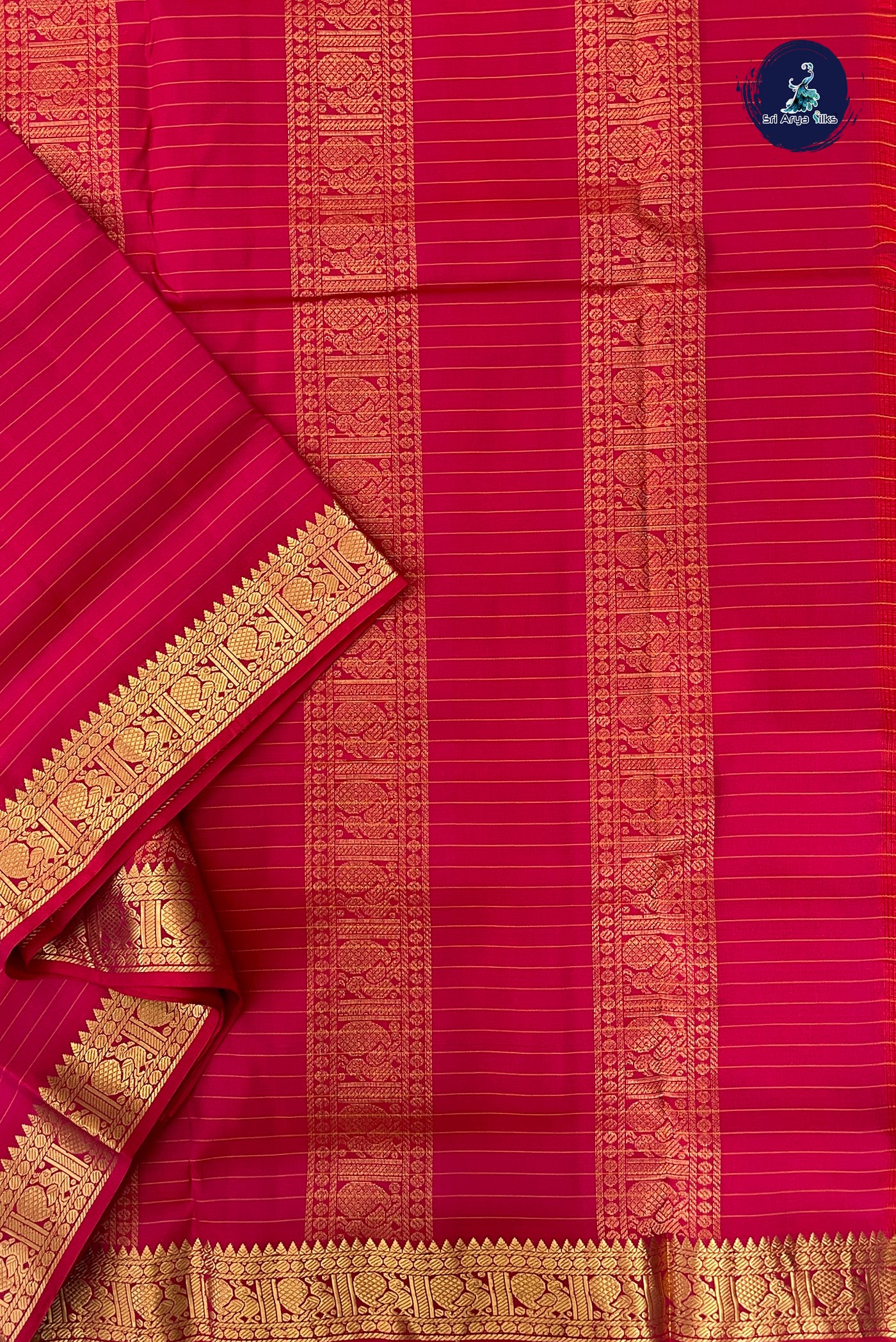 Dark Pink Madisar 10 Yards Silk Saree With Stripes Pattern