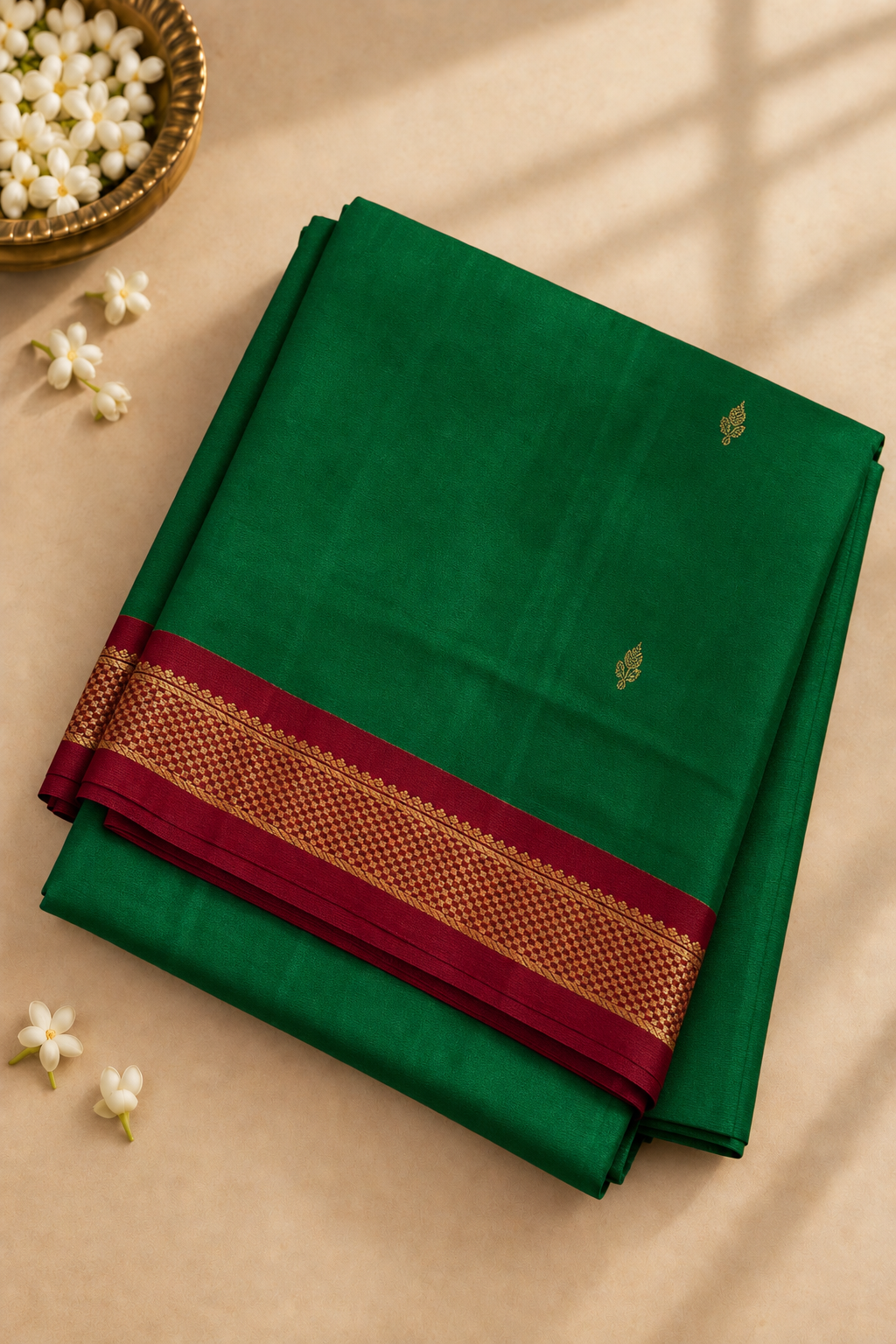Green Madisar 10 Yards Silk Saree With Zari Buttas Pattern