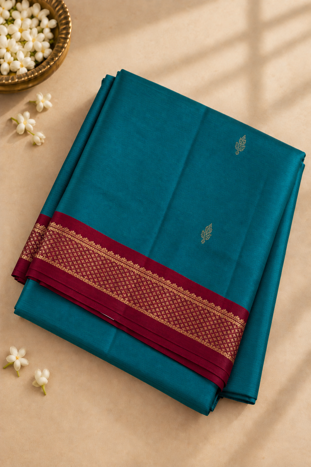 Teal Madisar 10 Yards Silk Saree With Zari Buttas Pattern