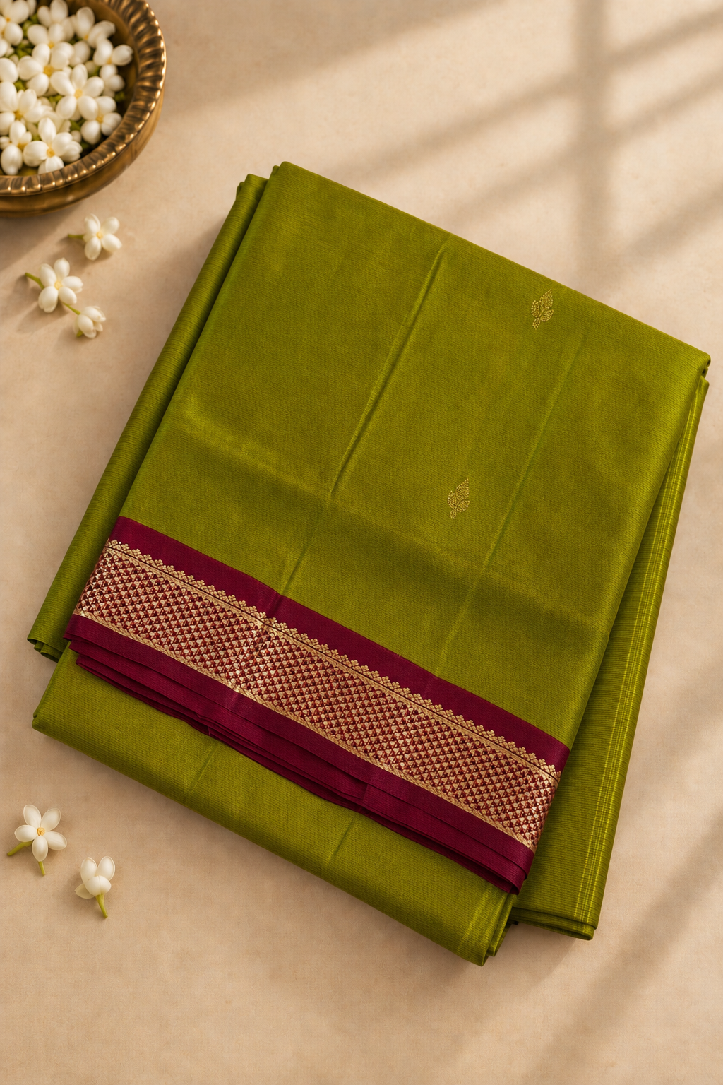 Dual Tone Mehendi Green Madisar 10 Yards Silk Saree With Zari Buttas Pattern