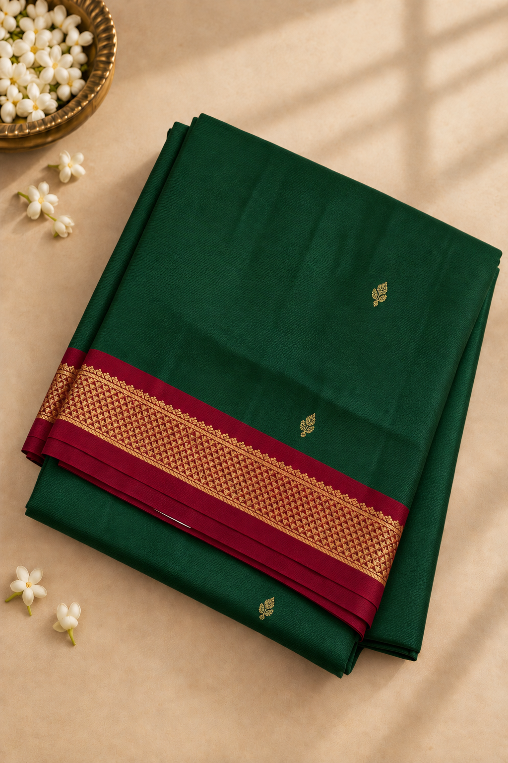 Bottle Green Madisar 10 Yards Silk Saree With Zari Buttas Pattern