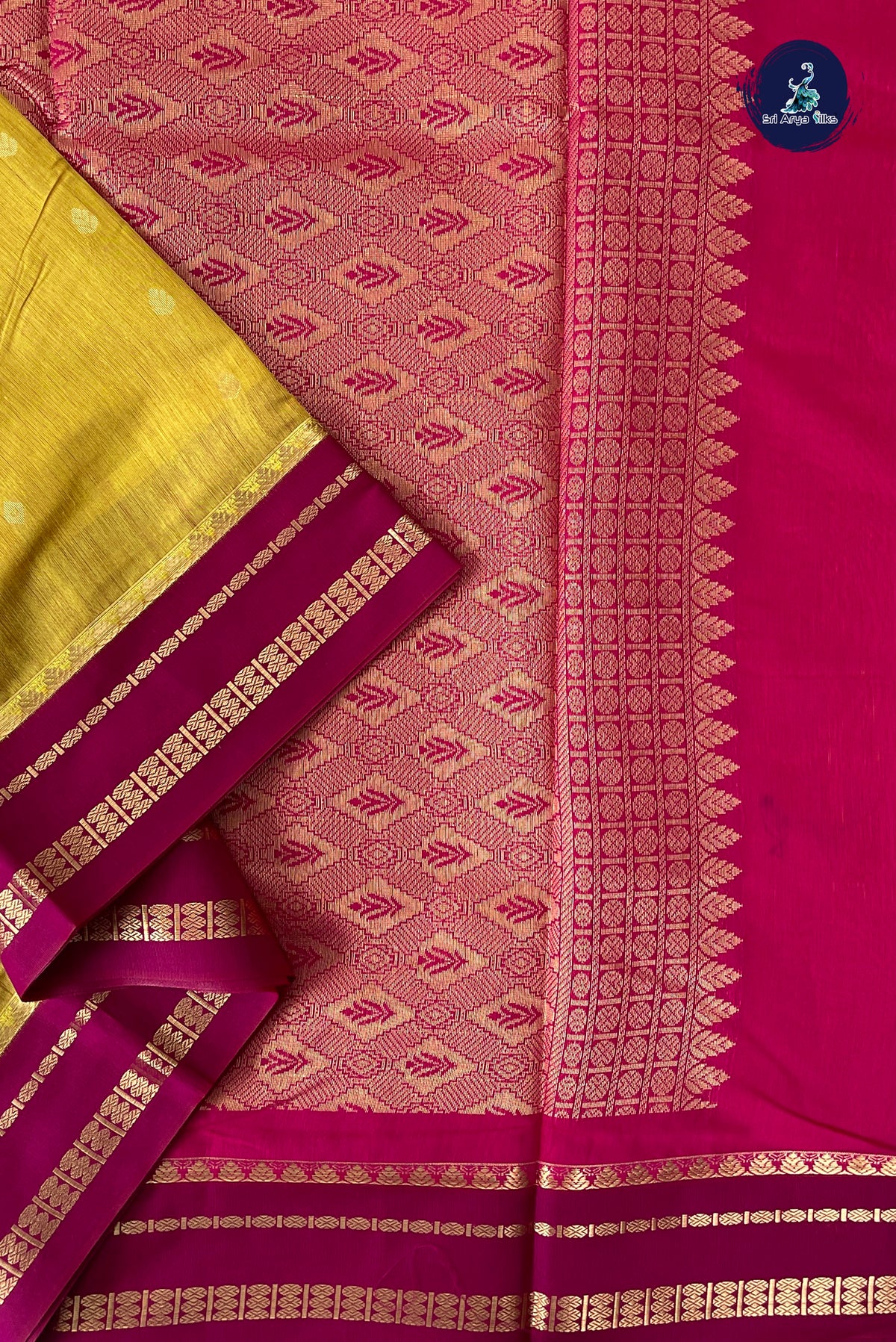 Mustard Yellow Madisar Semi Silk Cotton Saree With Zari Buttas Pattern