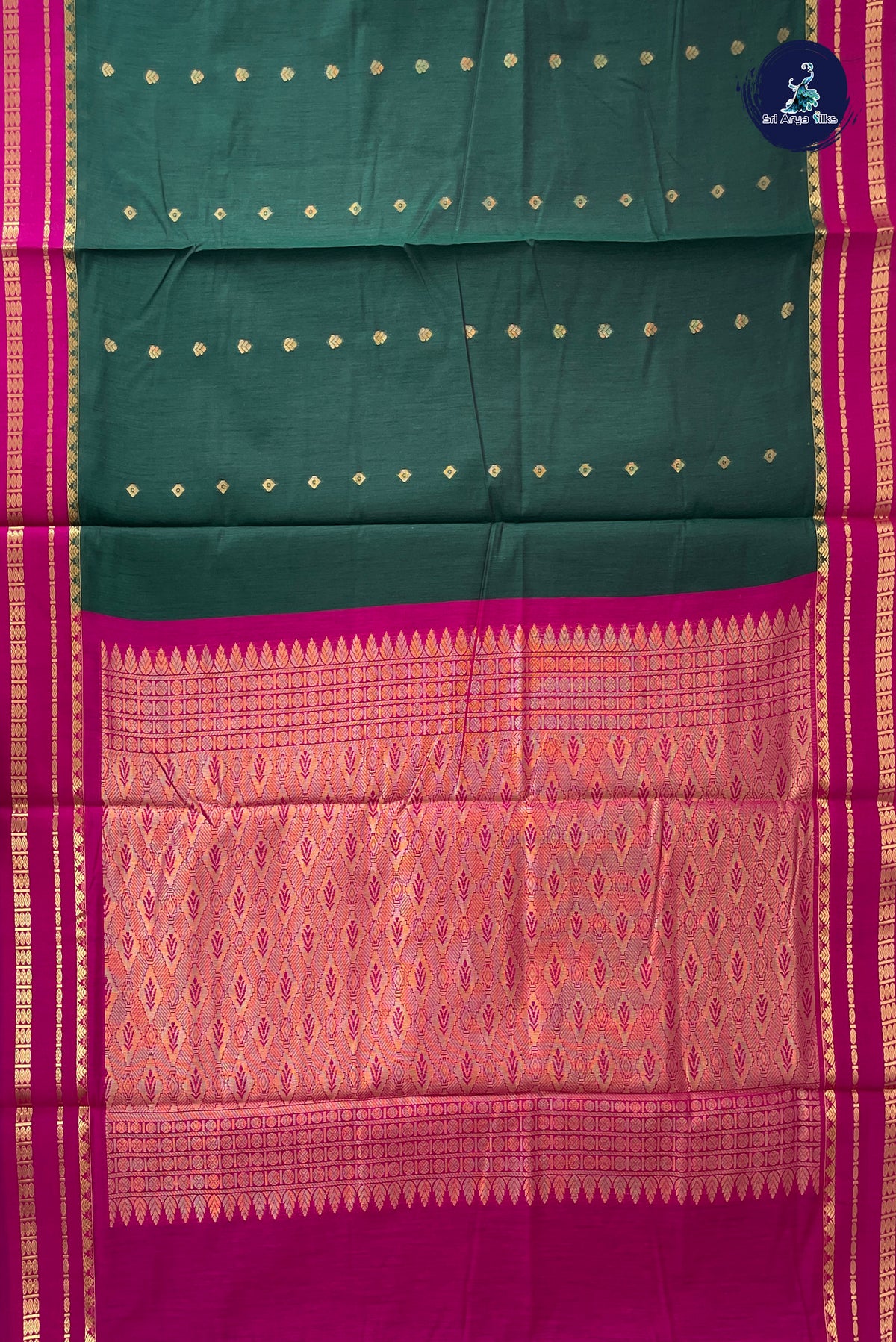 Bottle Green Madisar Semi Silk Cotton Saree With Zari Buttas Pattern