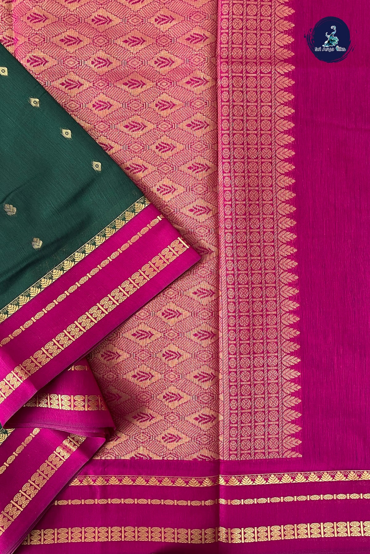 Bottle Green Madisar Semi Silk Cotton Saree With Zari Buttas Pattern