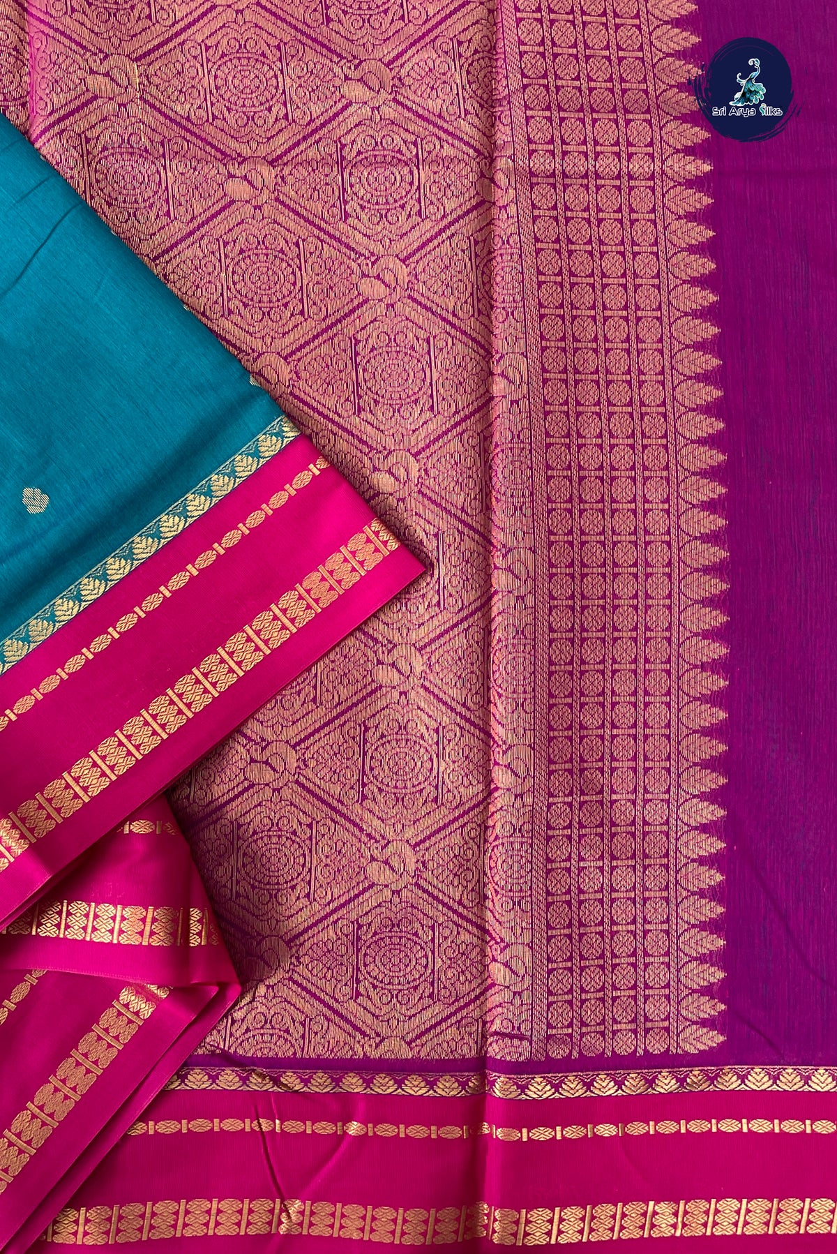 Sapphire Green Madisar Semi Silk Cotton Saree With Zari Buttas Pattern