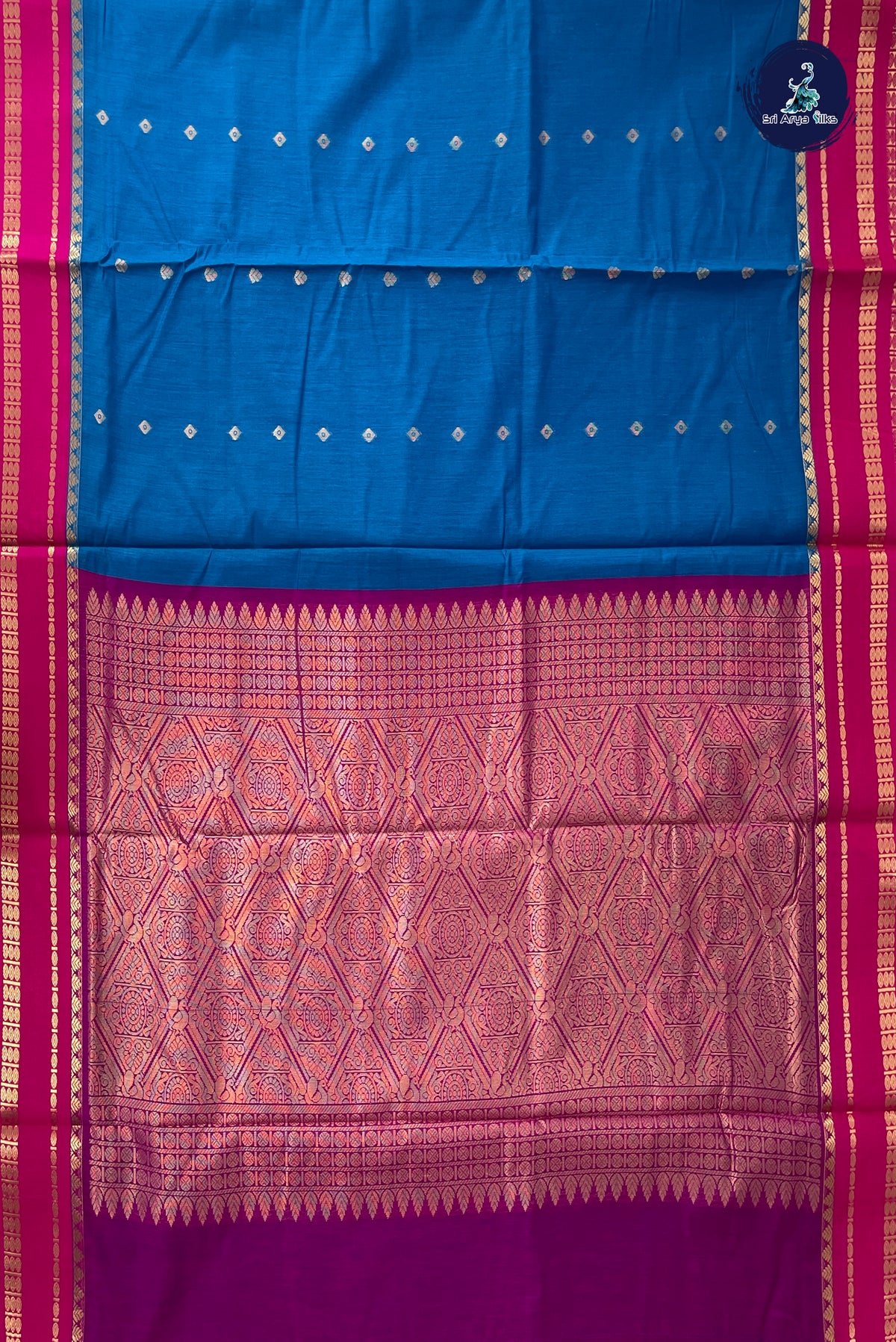 Sapphire Blue Madisar Semi Silk Cotton Saree With Zari Buttas Pattern