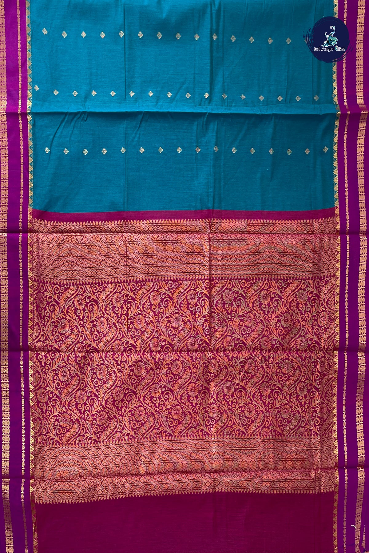 Teal Madisar Semi Silk Cotton Saree With Zari Buttas Pattern